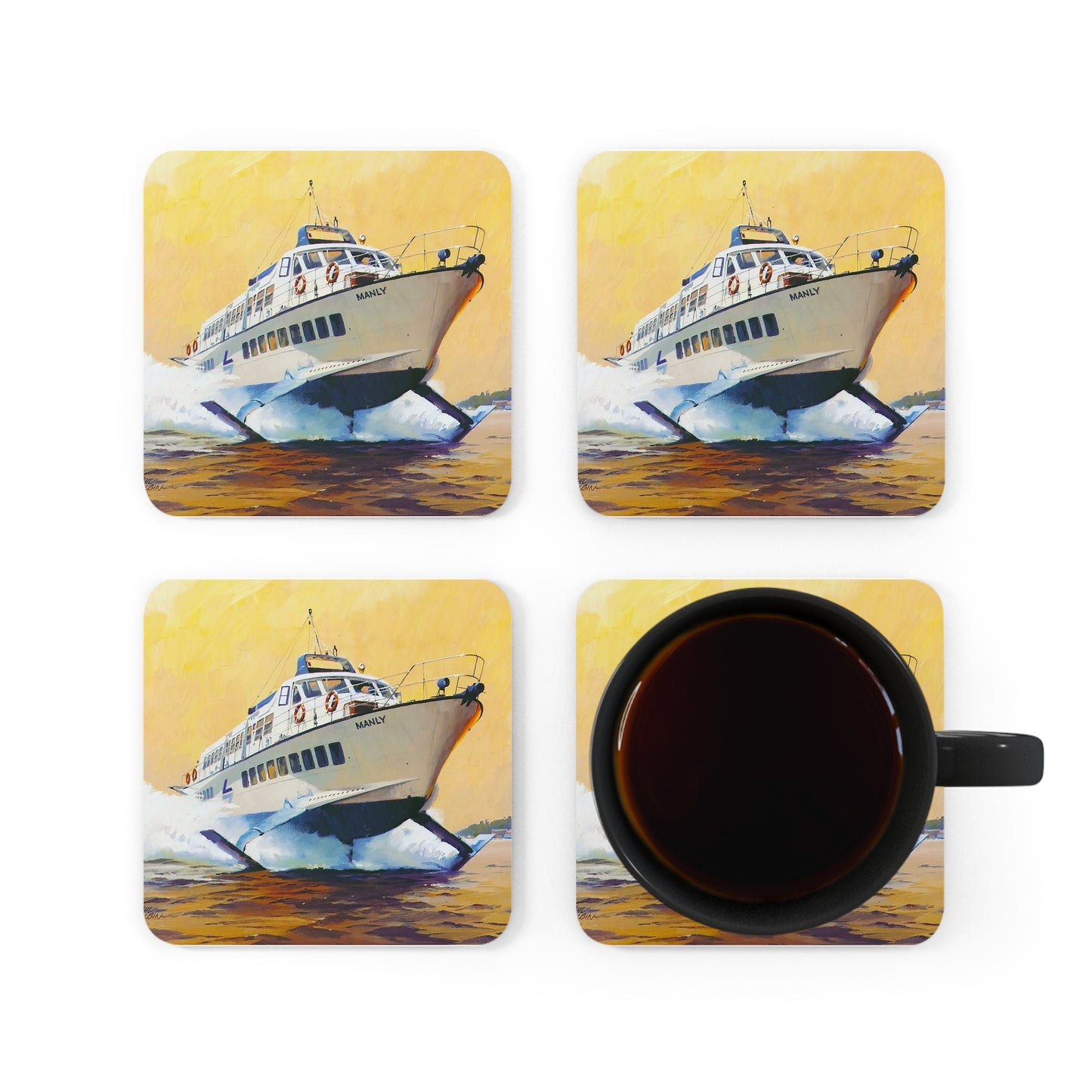 Corkwood Coaster Set customised with painting by Phil Belbin "Manly" Hydrofoil
