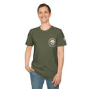 Collaroy custom logo front and sleeve. Lost Manly label. Unisex Soft style T-Shirt Printify