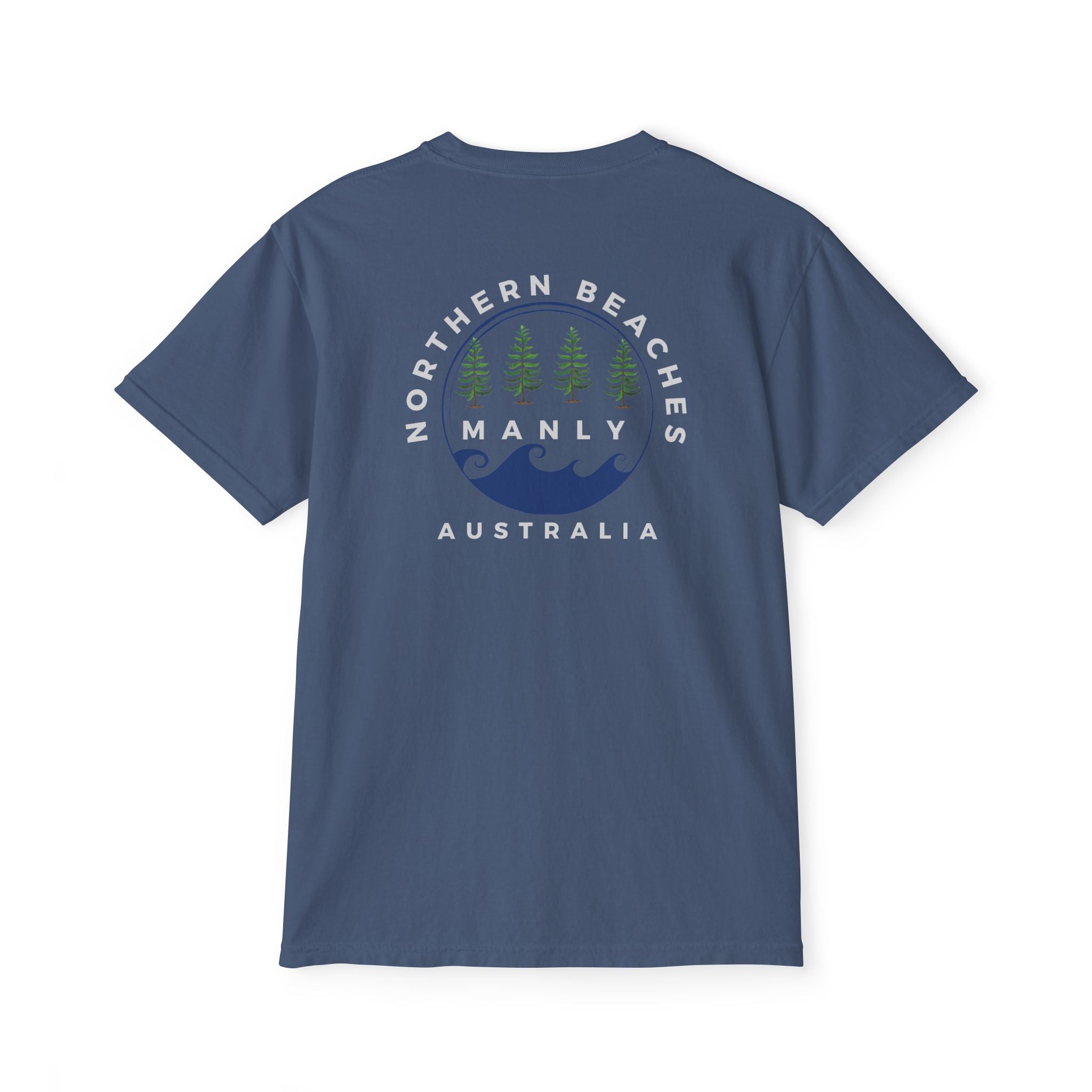"The Westwood" Northern Beaches custom logo on front and back Pocket T-Shirt - Vintage Style for Beach Lovers Printify