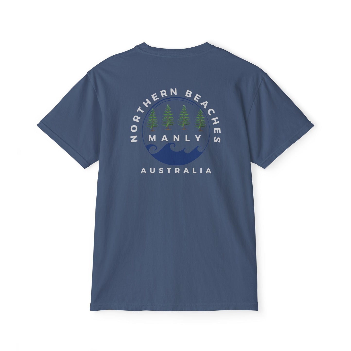 "The Westwood" Northern Beaches custom logo on front and back Pocket T-Shirt - Vintage Style for Beach Lovers
