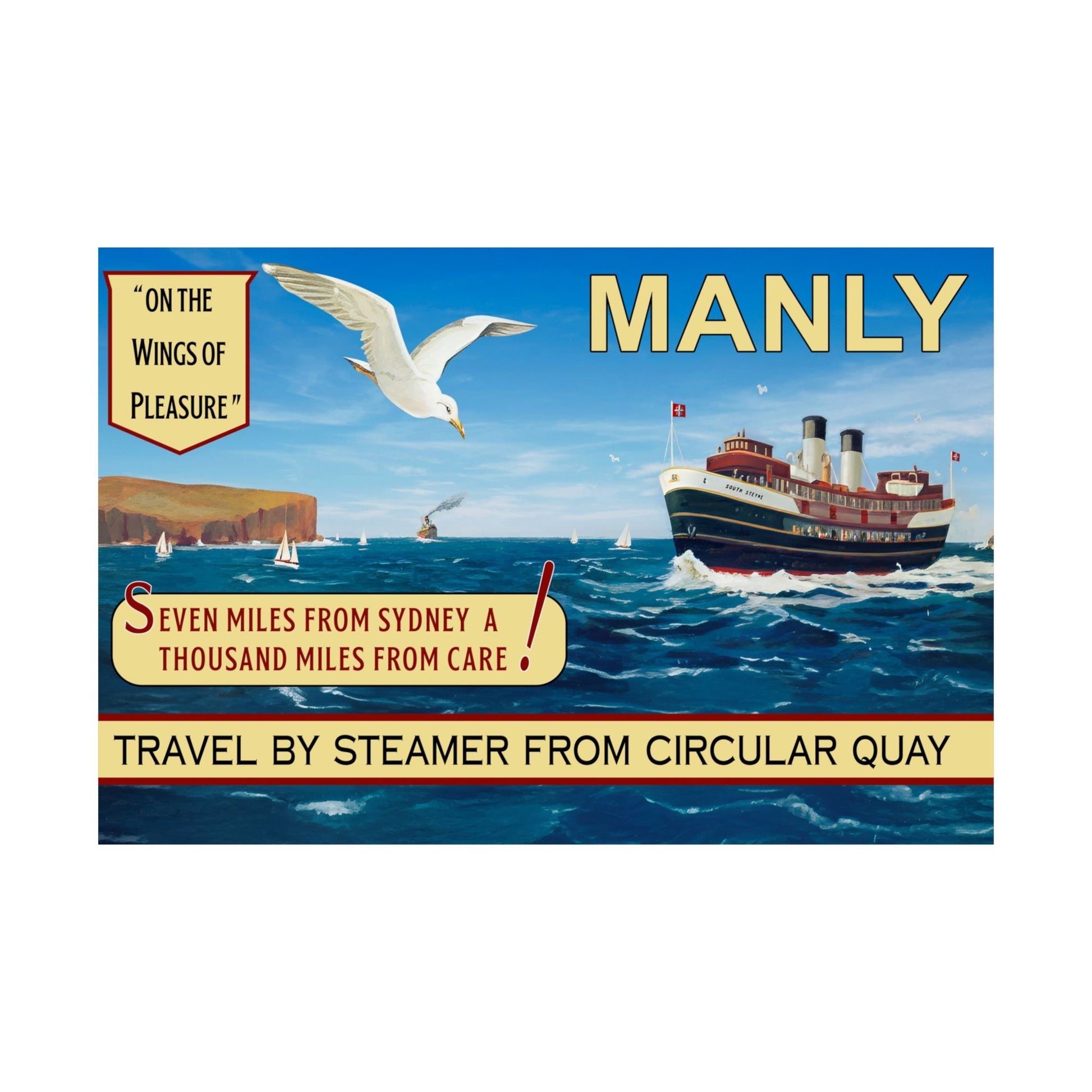 Seven Miles from Sydney – Manly 1940s Vintage Travel Poster Reproduction Print 
