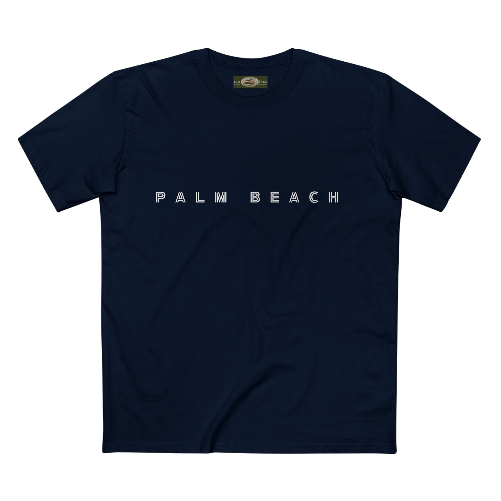 Palm Beach custom logo print Lost Manly label on Adult Staple Cotton T-Shirt Printify