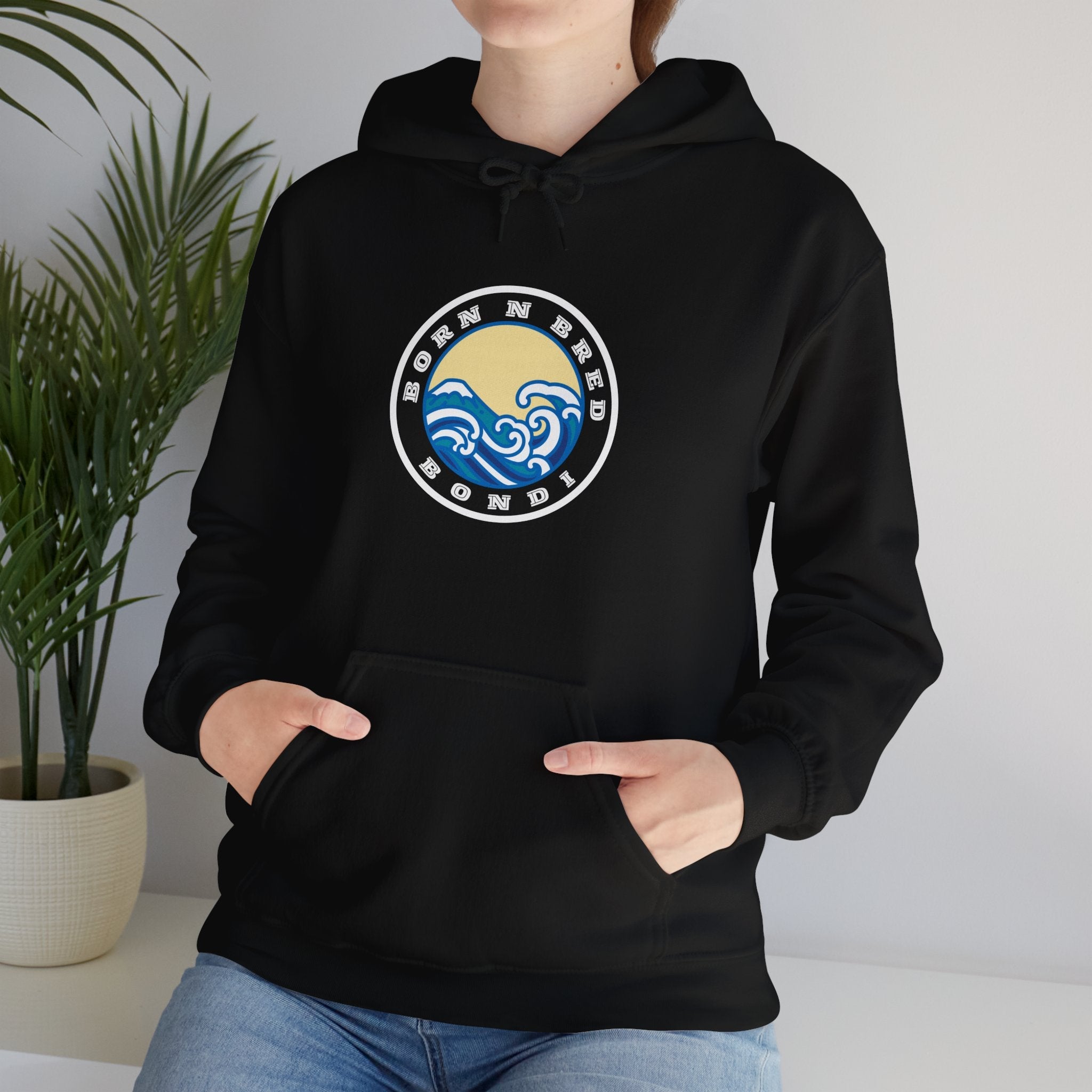 Hoodie with free Canva custom design logo front back Bondi bnb/Bilgola 