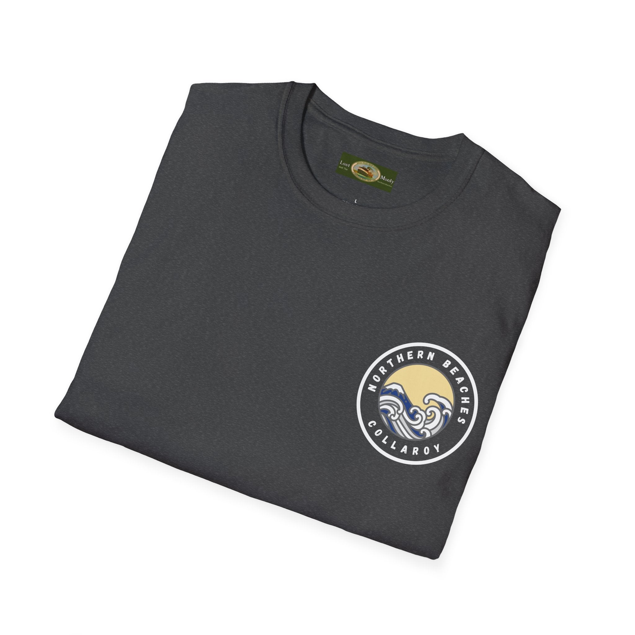 Collaroy custom logo front and sleeve. Lost Manly label. Unisex Soft style T-Shirt Printify