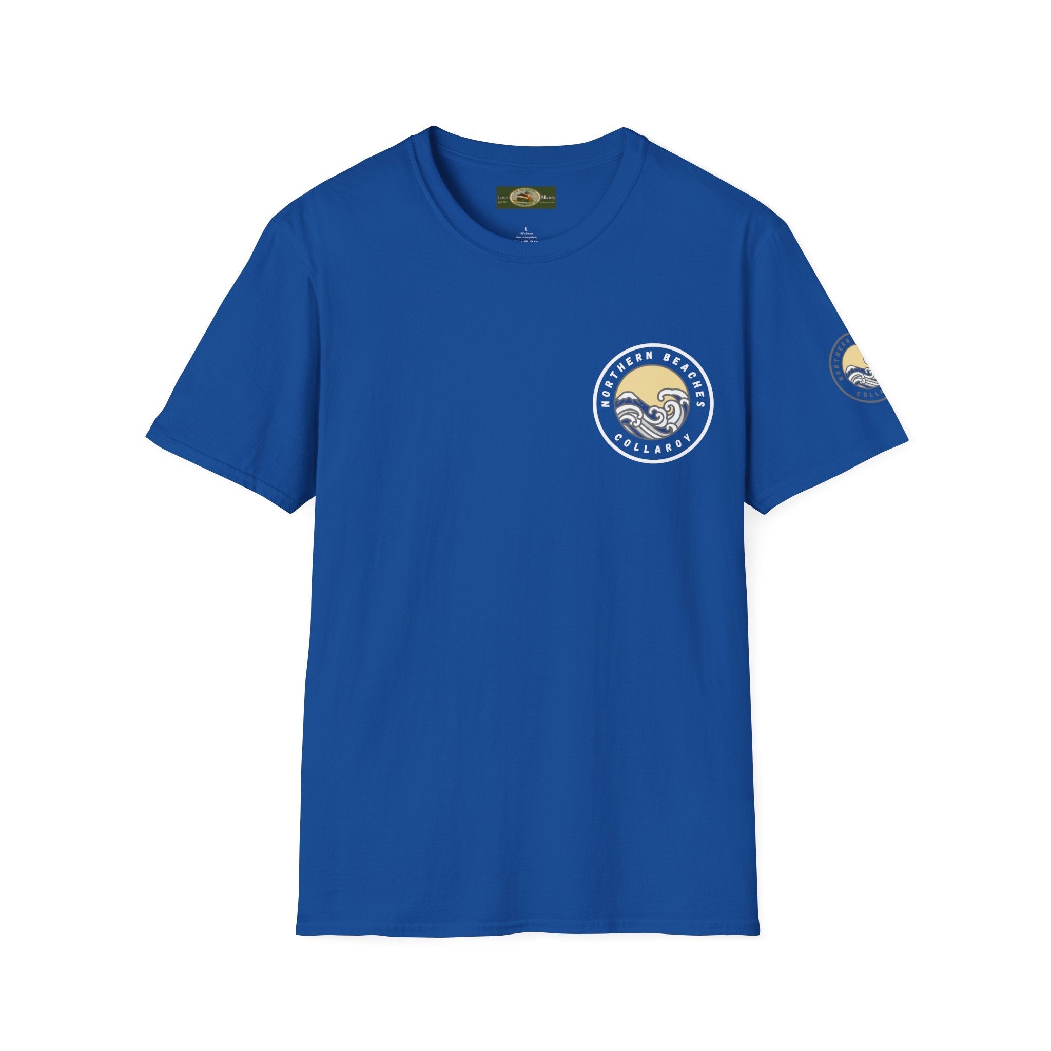 Collaroy custom logo front and sleeve. Lost Manly label. Unisex Soft style T-Shirt Printify