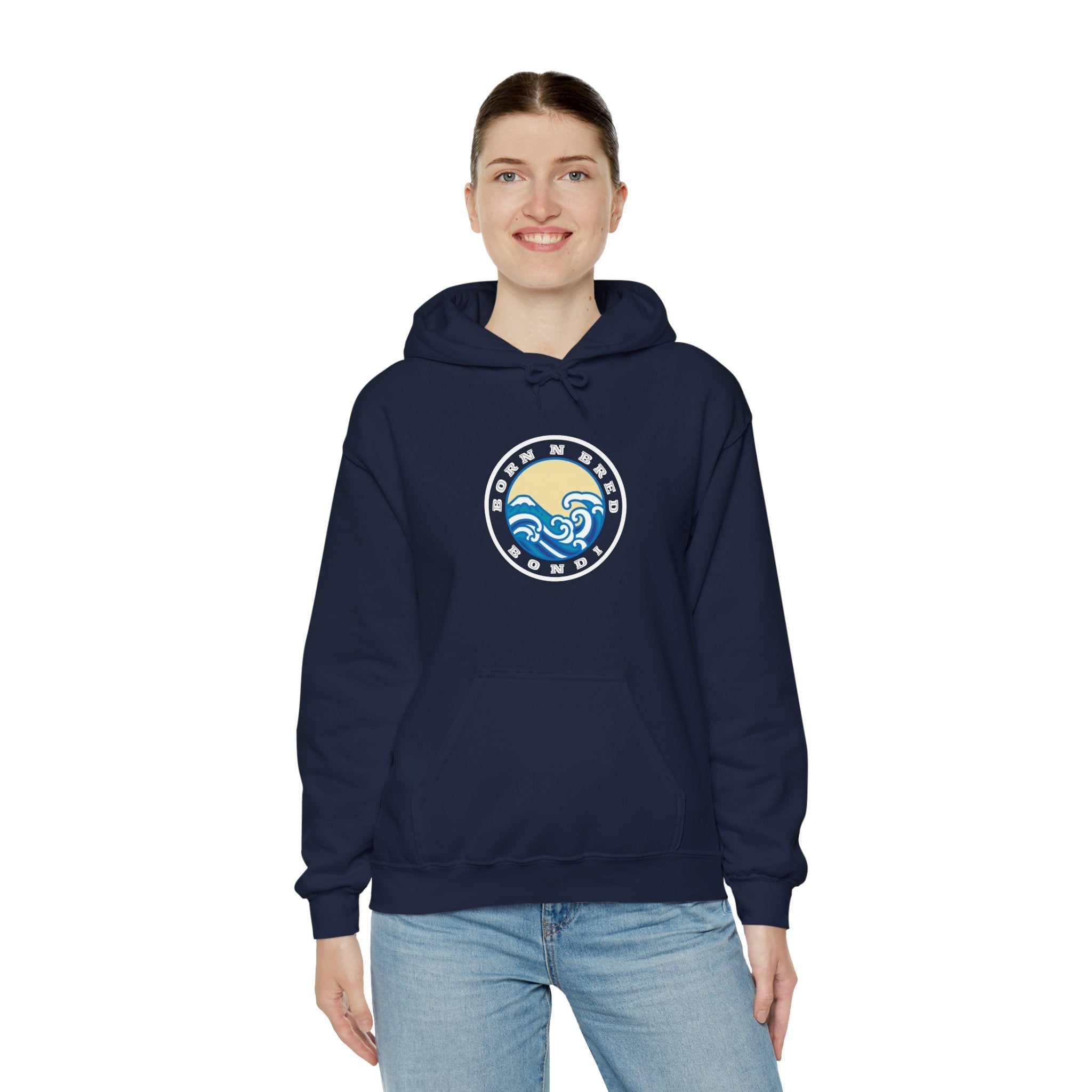 Hoodie with free Canva custom design logo front back Bondi bnb/Bilgola 