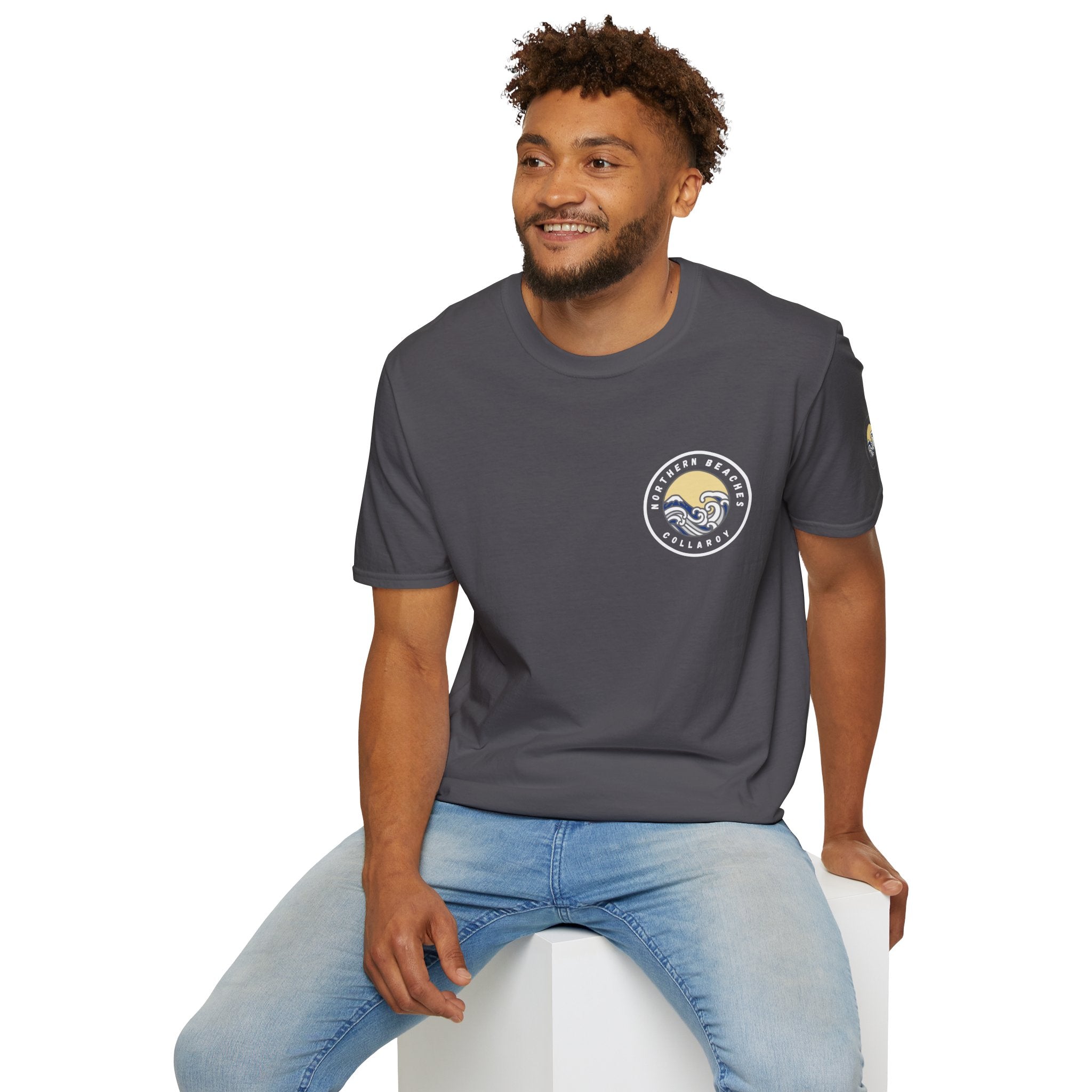 Collaroy custom logo front and sleeve. Lost Manly label. Unisex Soft style T-Shirt Printify