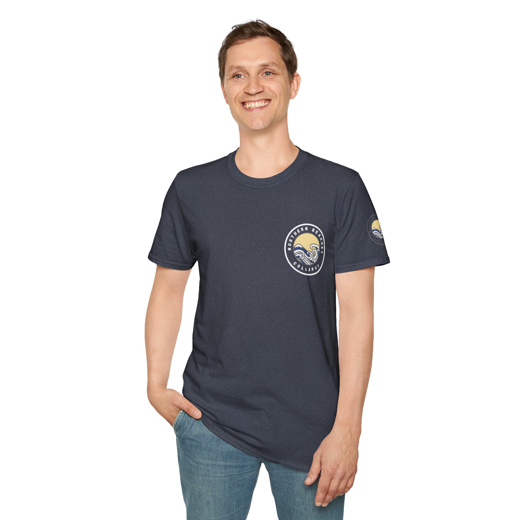 Collaroy custom logo front and sleeve. Lost Manly label. Unisex Soft style T-Shirt Printify
