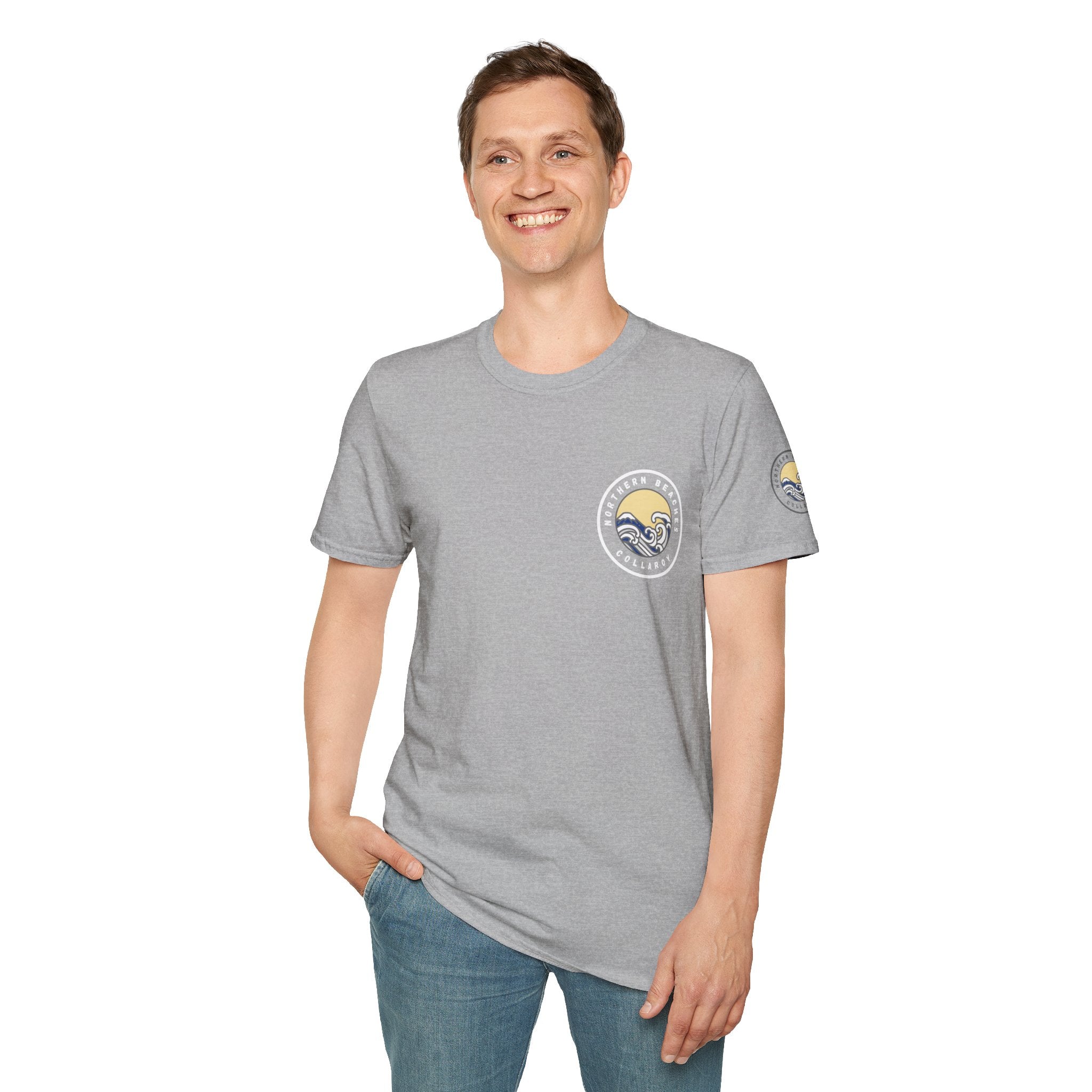 Collaroy custom logo front and sleeve. Lost Manly label. Unisex Soft style T-Shirt Printify
