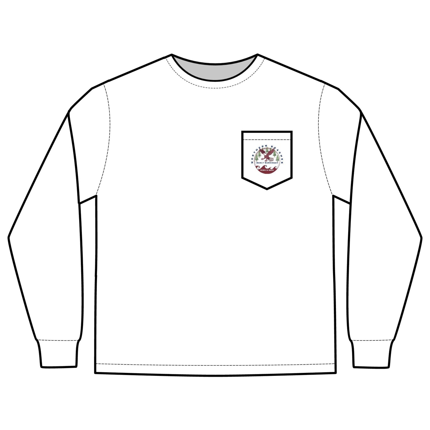 'The Westwood' Men's Long Sleeve Pocket T-Shirt with Northern Beaches Custom Design front and back logo