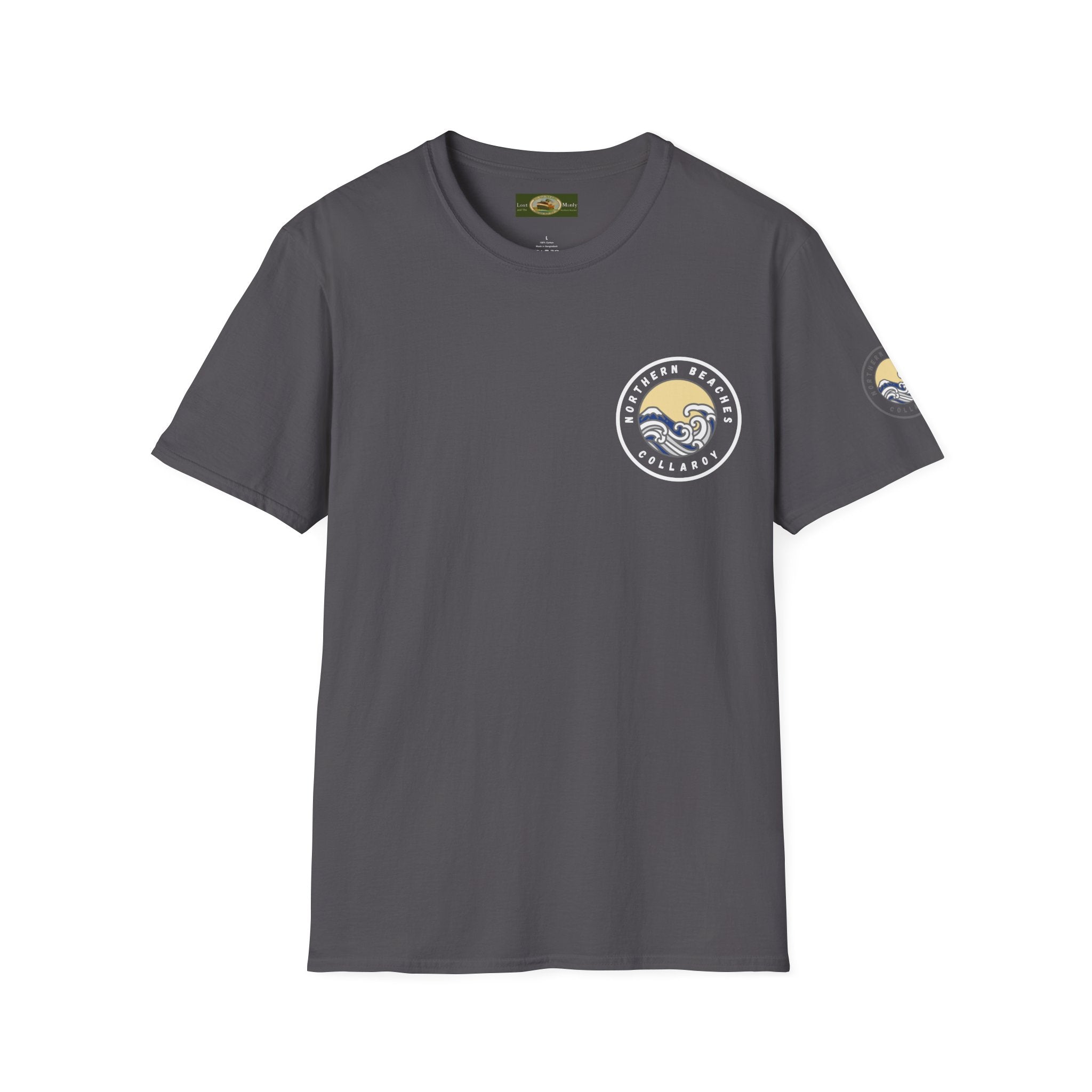 Collaroy custom logo front and sleeve. Lost Manly label. Unisex Soft style T-Shirt Printify
