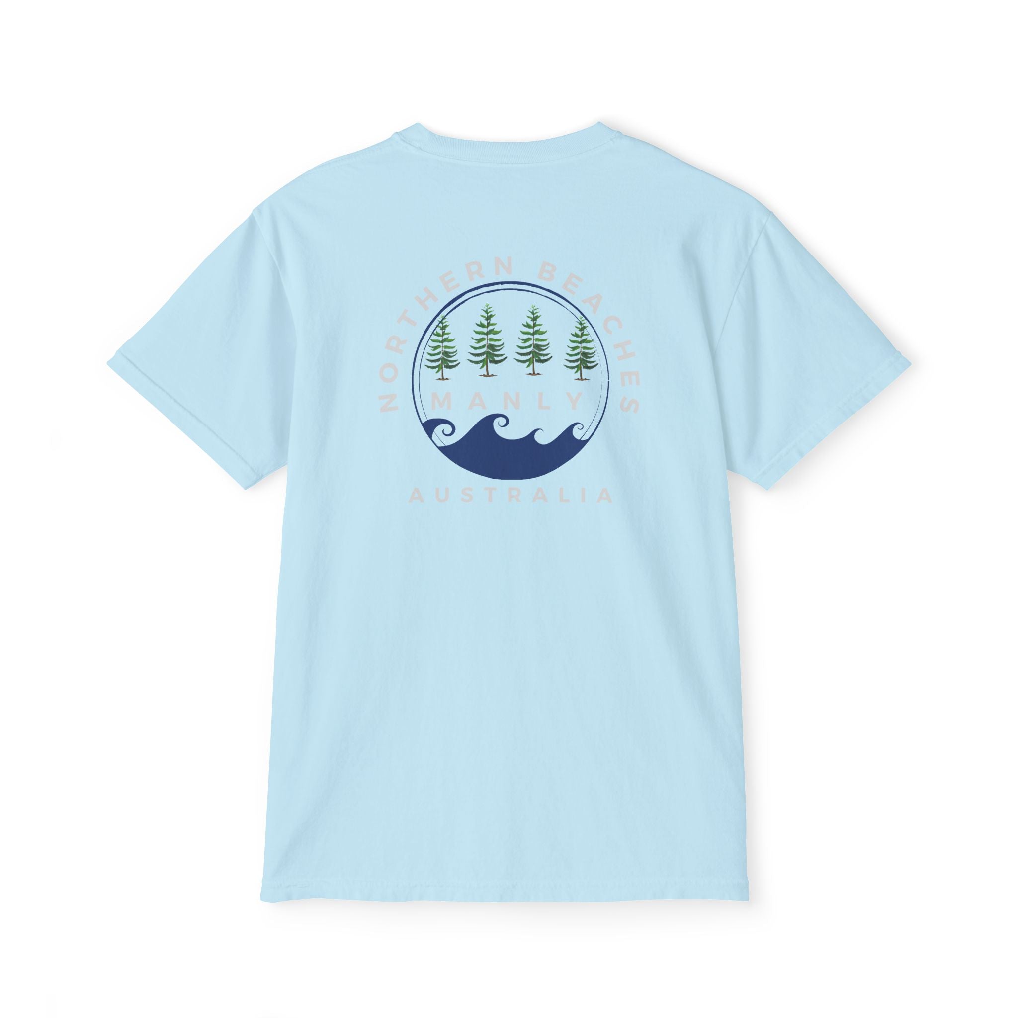 "The Westwood" Northern Beaches custom logo on front and back Pocket T-Shirt - Vintage Style for Beach Lovers Printify