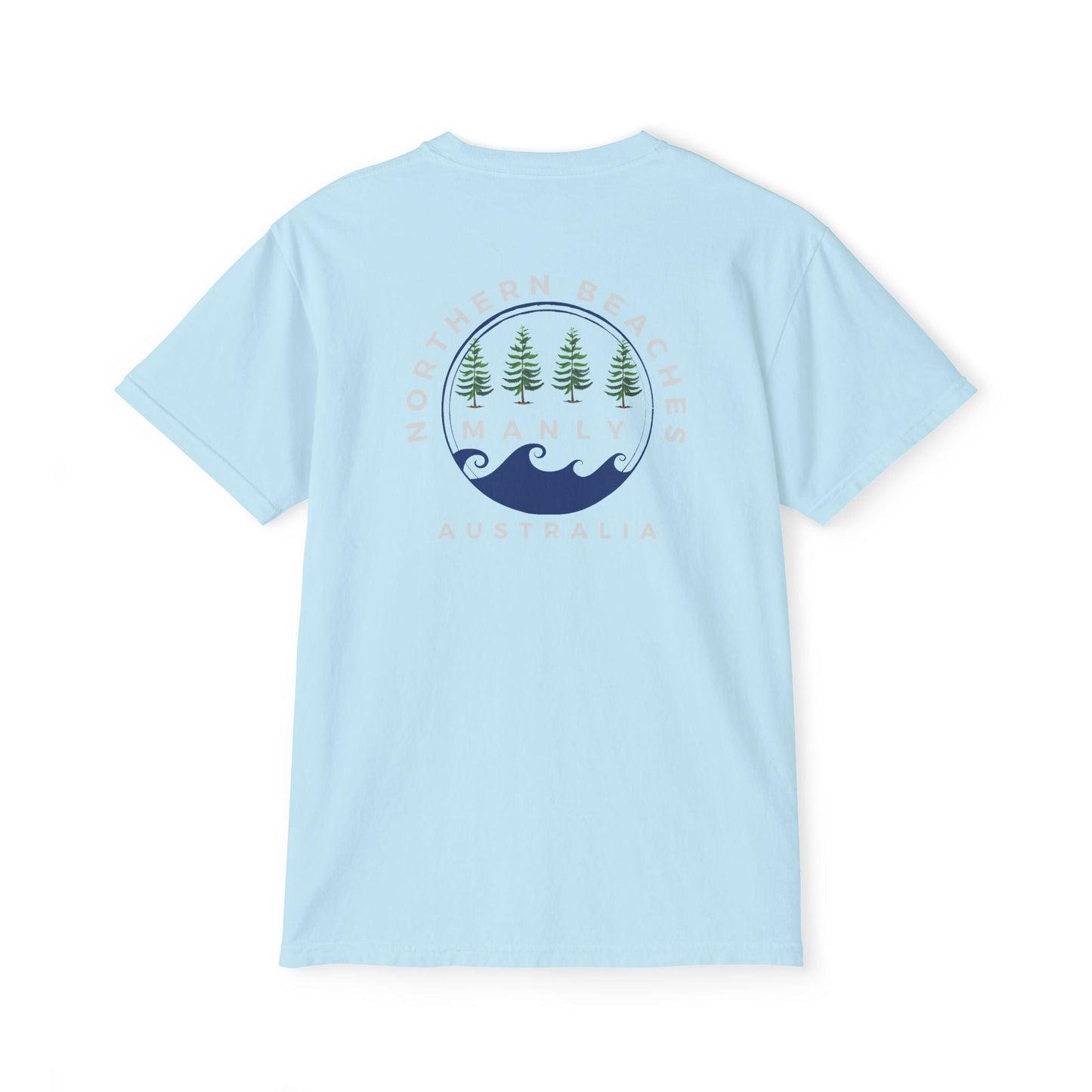 "The Westwood" Northern Beaches custom logo on front and back Pocket T-Shirt - Vintage Style for Beach Lovers