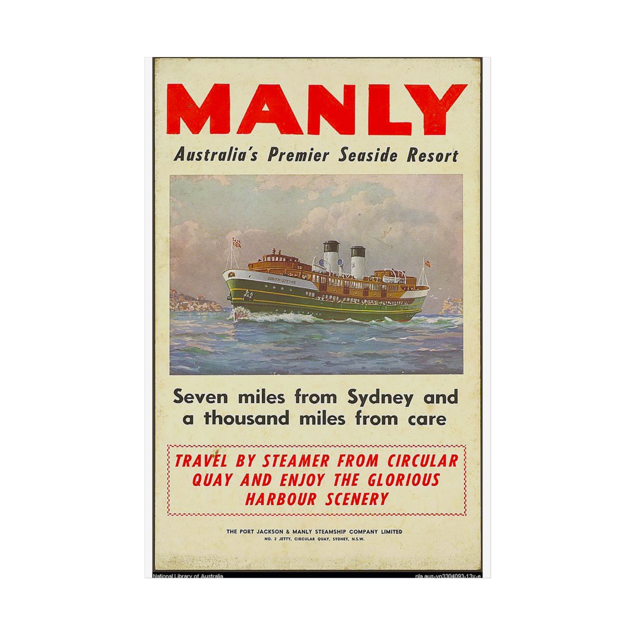 Poster Print - Manly Seven Miles from Sydney a Thousand Miles from Care 1940s Ferry Travel