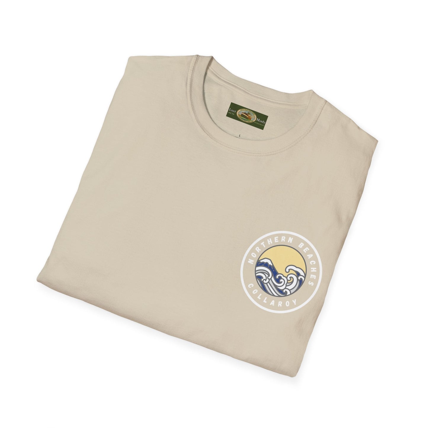 Collaroy custom logo front and sleeve. Lost Manly label. Unisex Soft style T-Shirt Printify