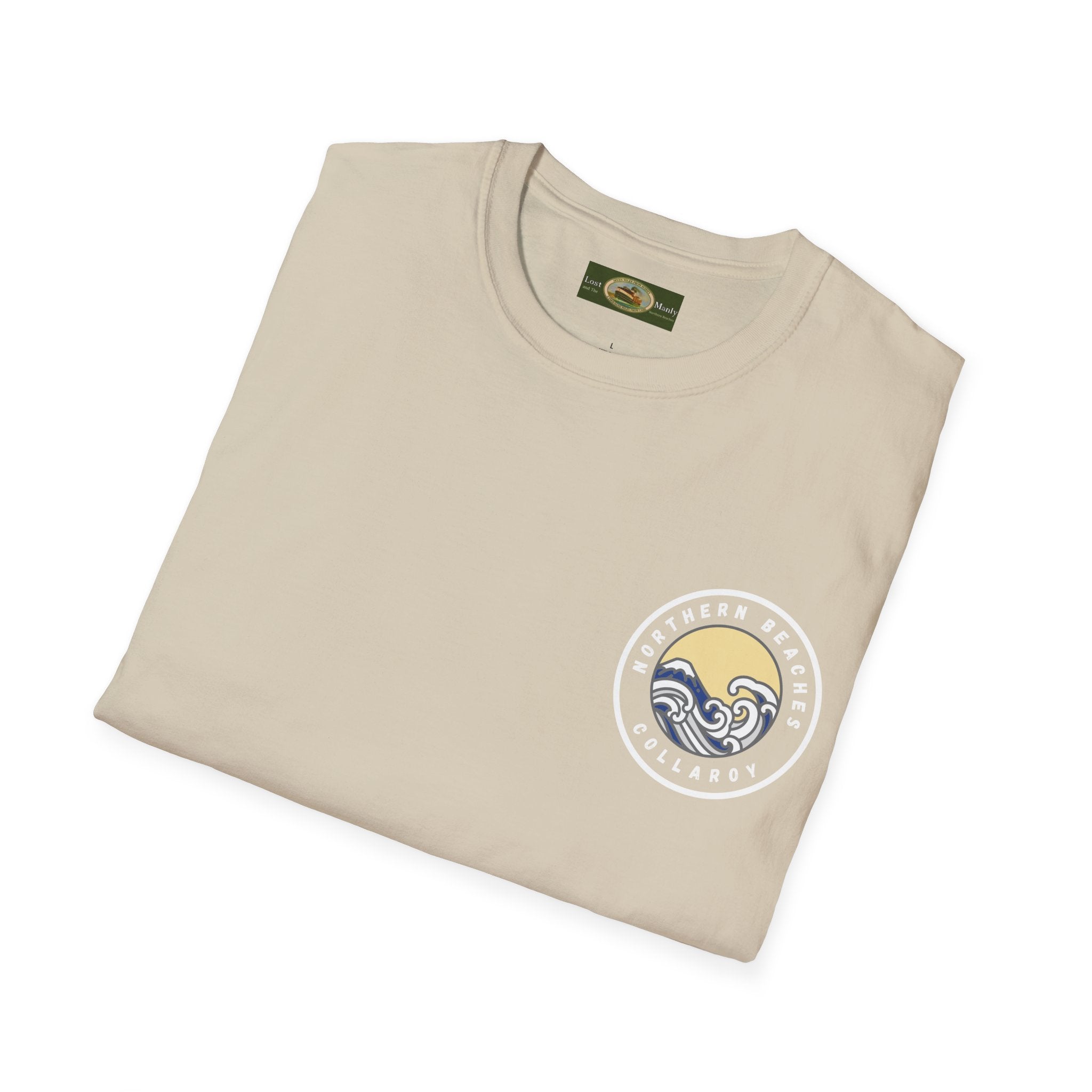 Collaroy custom logo front and sleeve. Lost Manly label. Unisex Soft style T-Shirt Printify