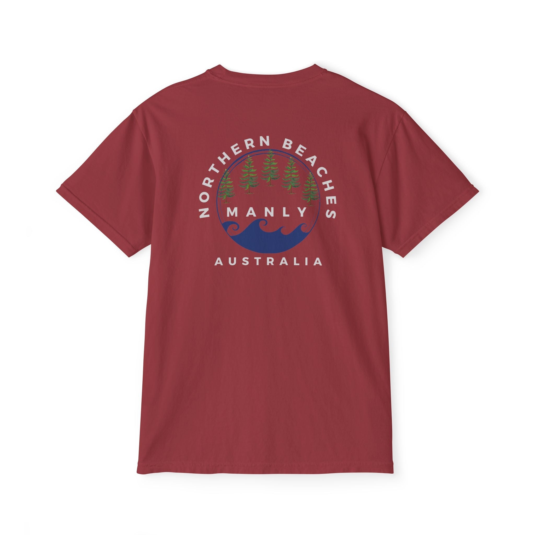 "The Westwood" Northern Beaches custom design front and back logo on Garment-Dyed Pocket T-Shirt for Nature Lovers Printify