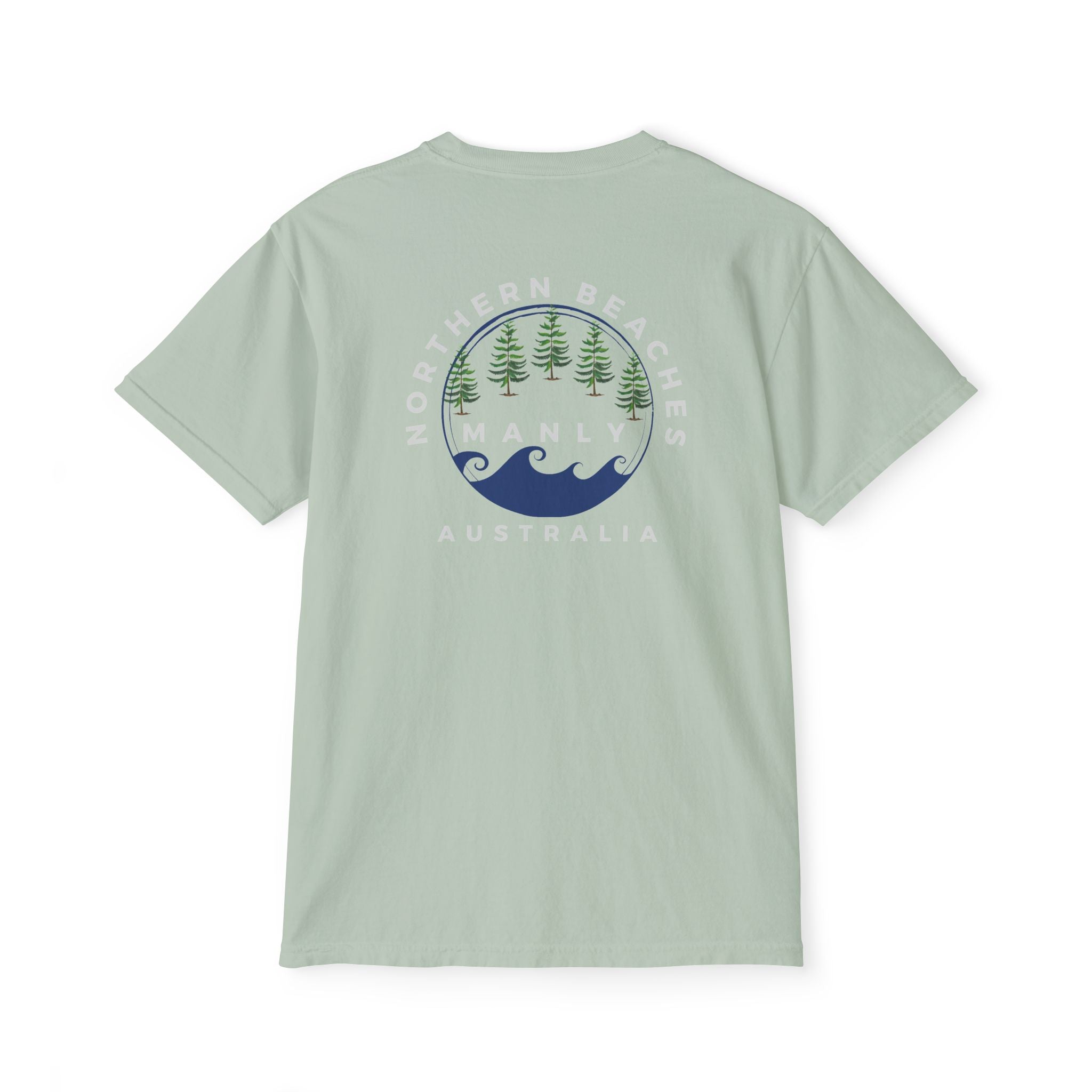 "The Westwood" Northern Beaches custom design front and back logo on Garment-Dyed Pocket T-Shirt for Nature Lovers Printify