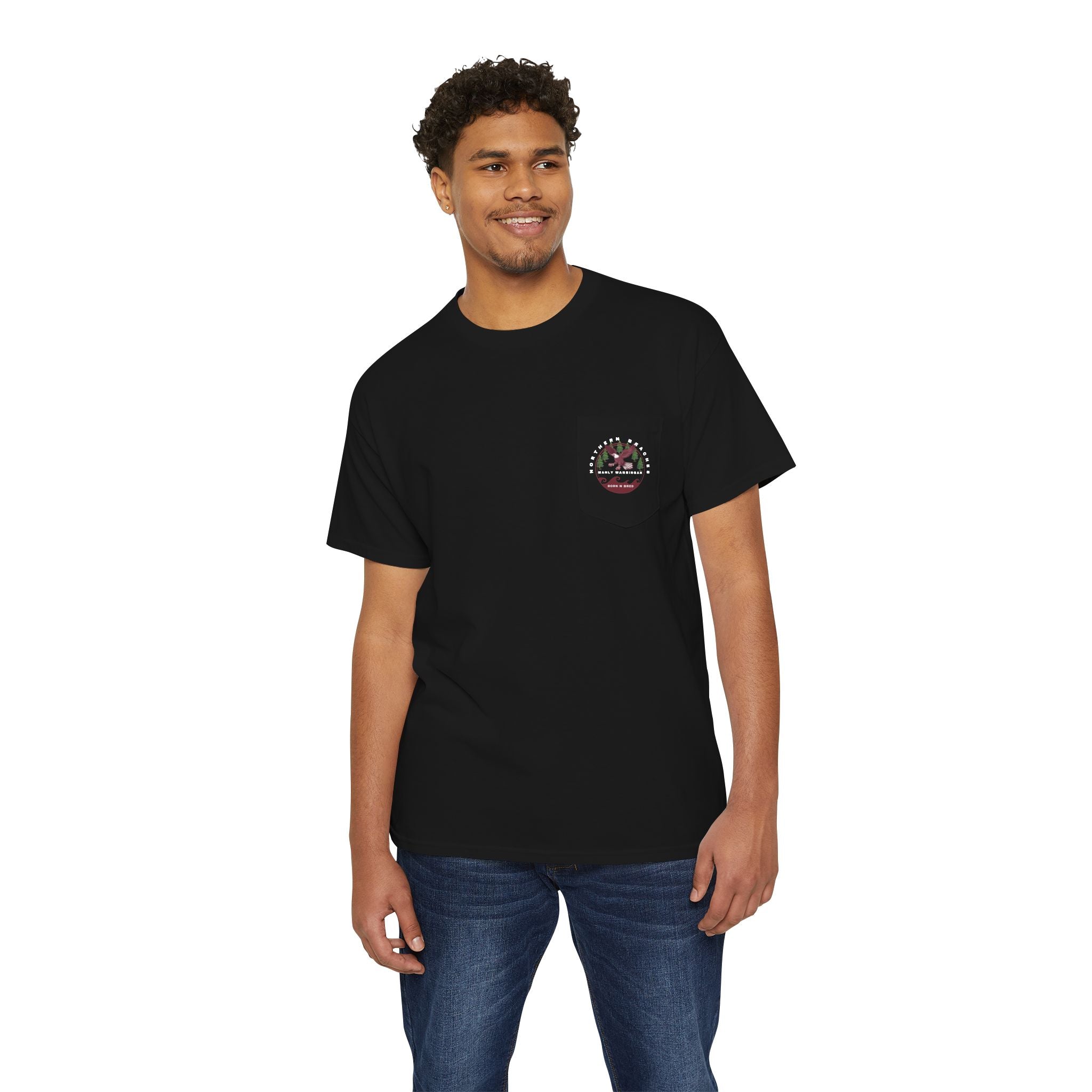 "The Westwood" Northern Beaches custom design different logo front and back Heavy Cotton Pocket Tee Printify
