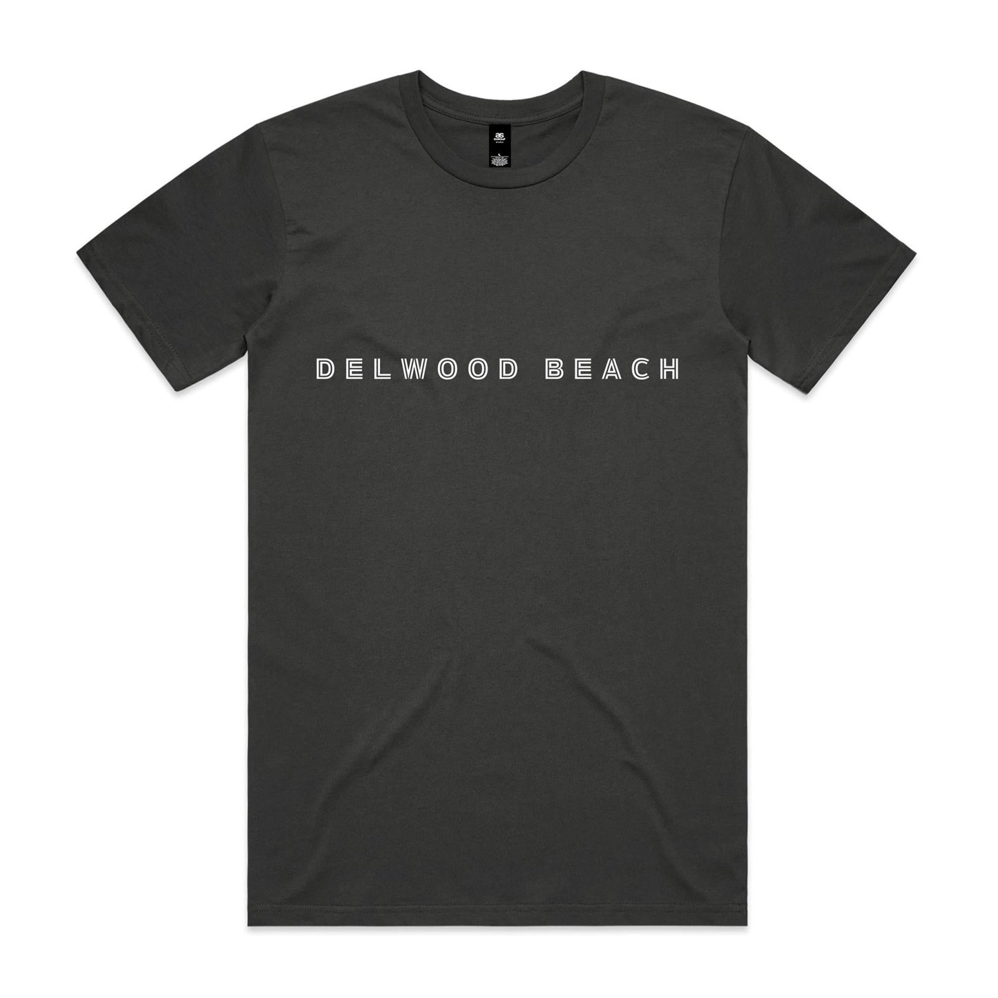 Delwood Beach custom logo printed on AS Colour Staple Tee 