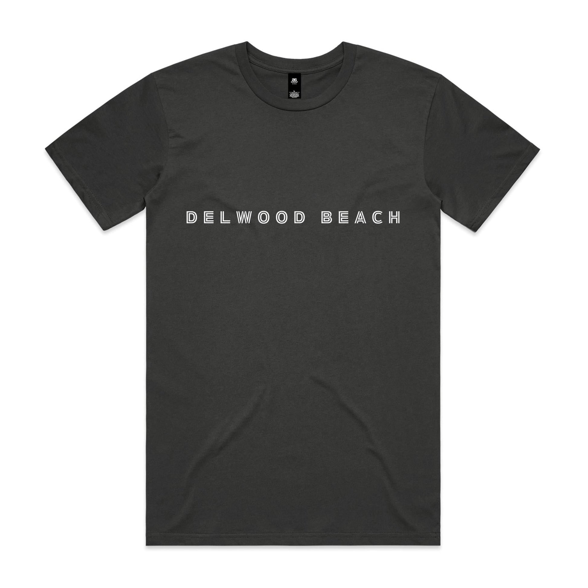Delwood Beach custom logo printed on AS Colour Staple Tee 
