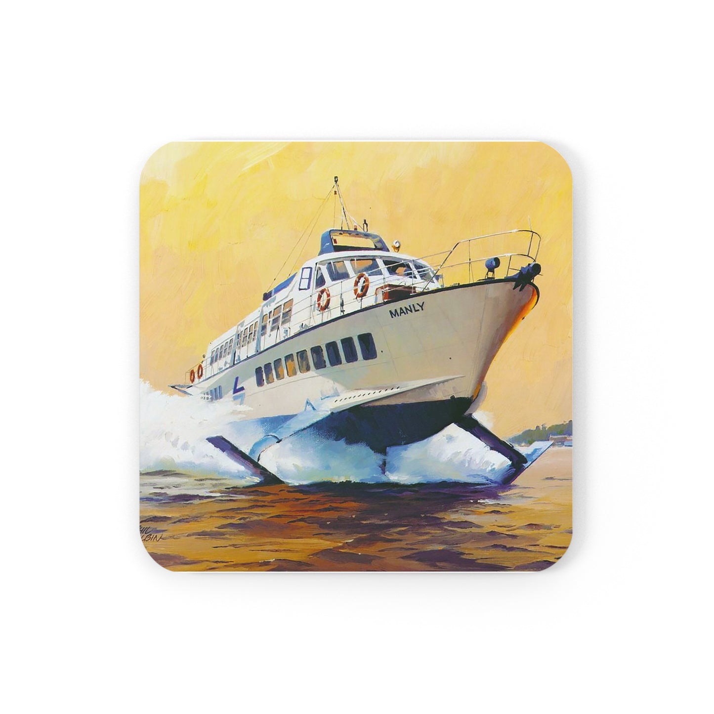 Corkwood Coaster Set customised with painting by Phil Belbin "Manly" Hydrofoil