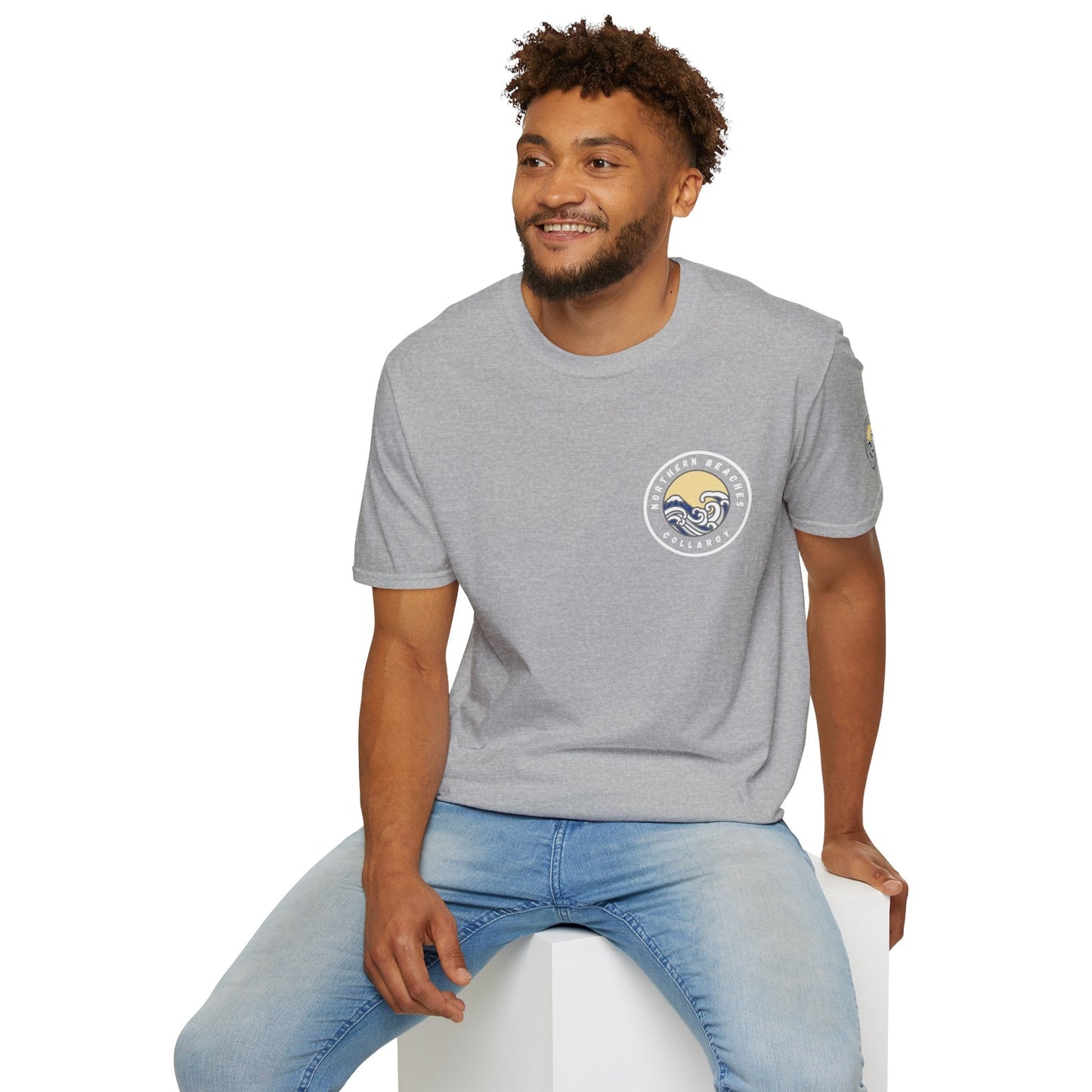 Collaroy custom logo front and sleeve. Lost Manly label. Unisex Soft style T-Shirt Printify
