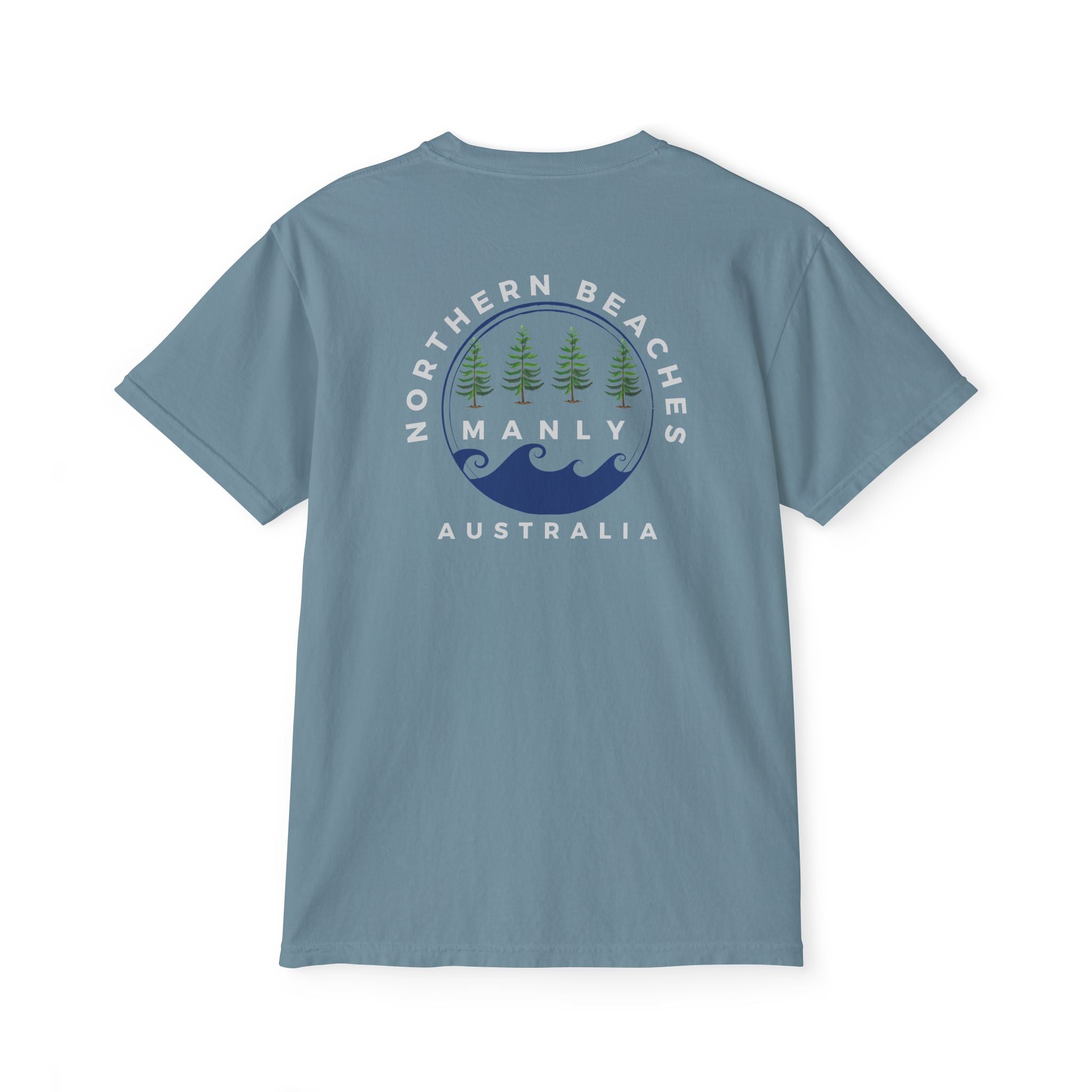 "The Westwood" Northern Beaches custom logo on front and back Pocket T-Shirt - Vintage Style for Beach Lovers Printify