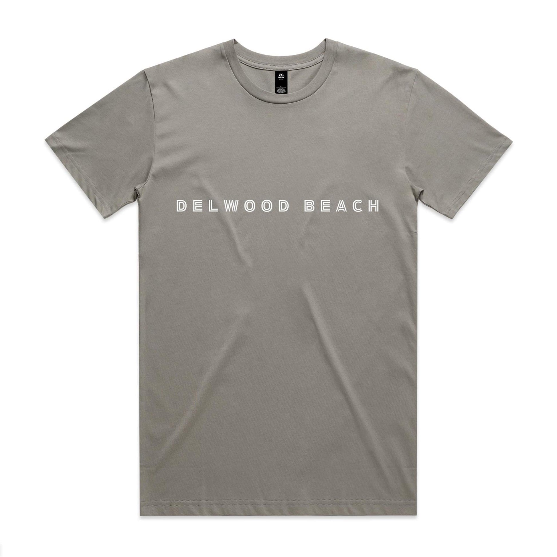 Delwood Beach custom logo printed on AS Colour Staple Tee 
