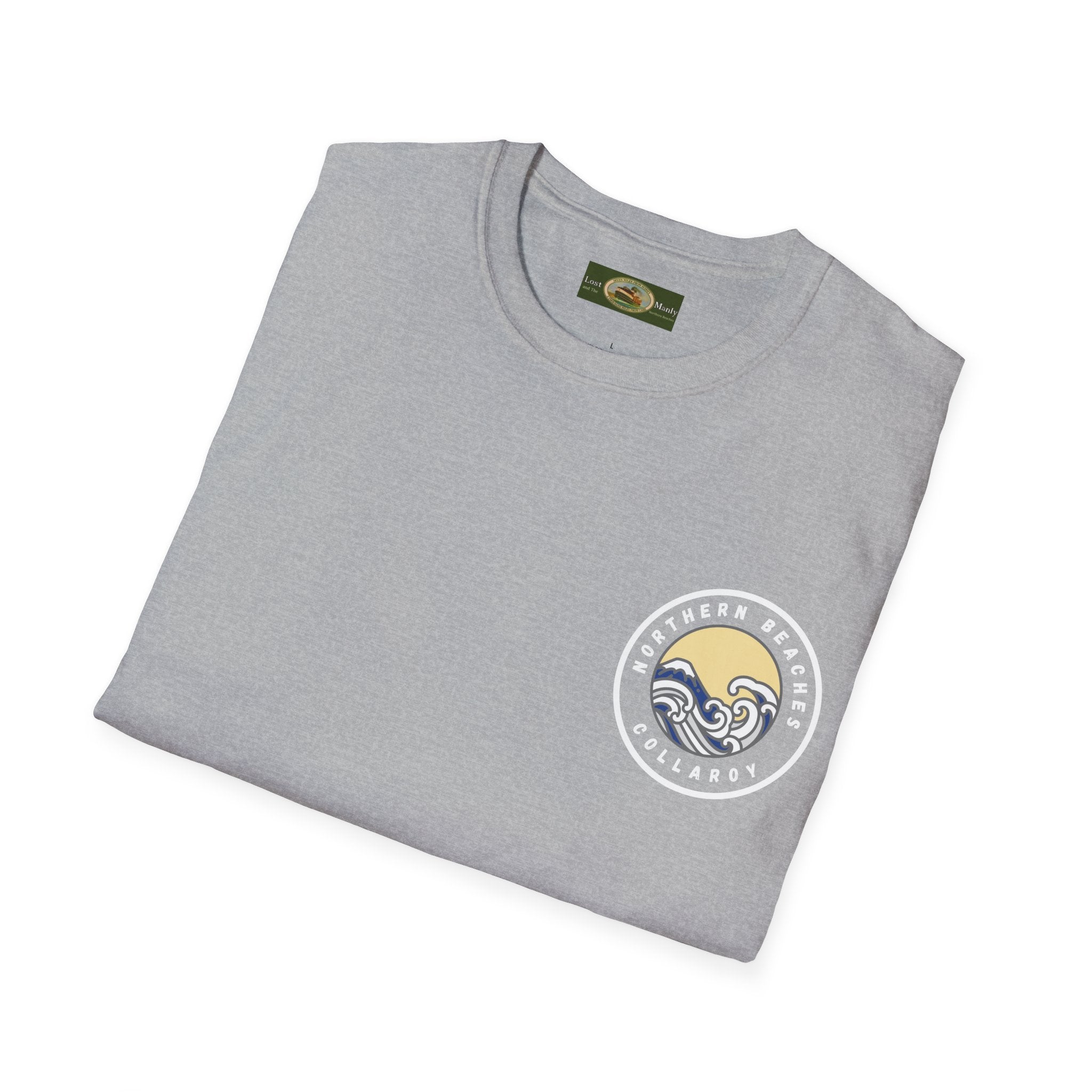 Collaroy custom logo front and sleeve. Lost Manly label. Unisex Soft style T-Shirt Printify