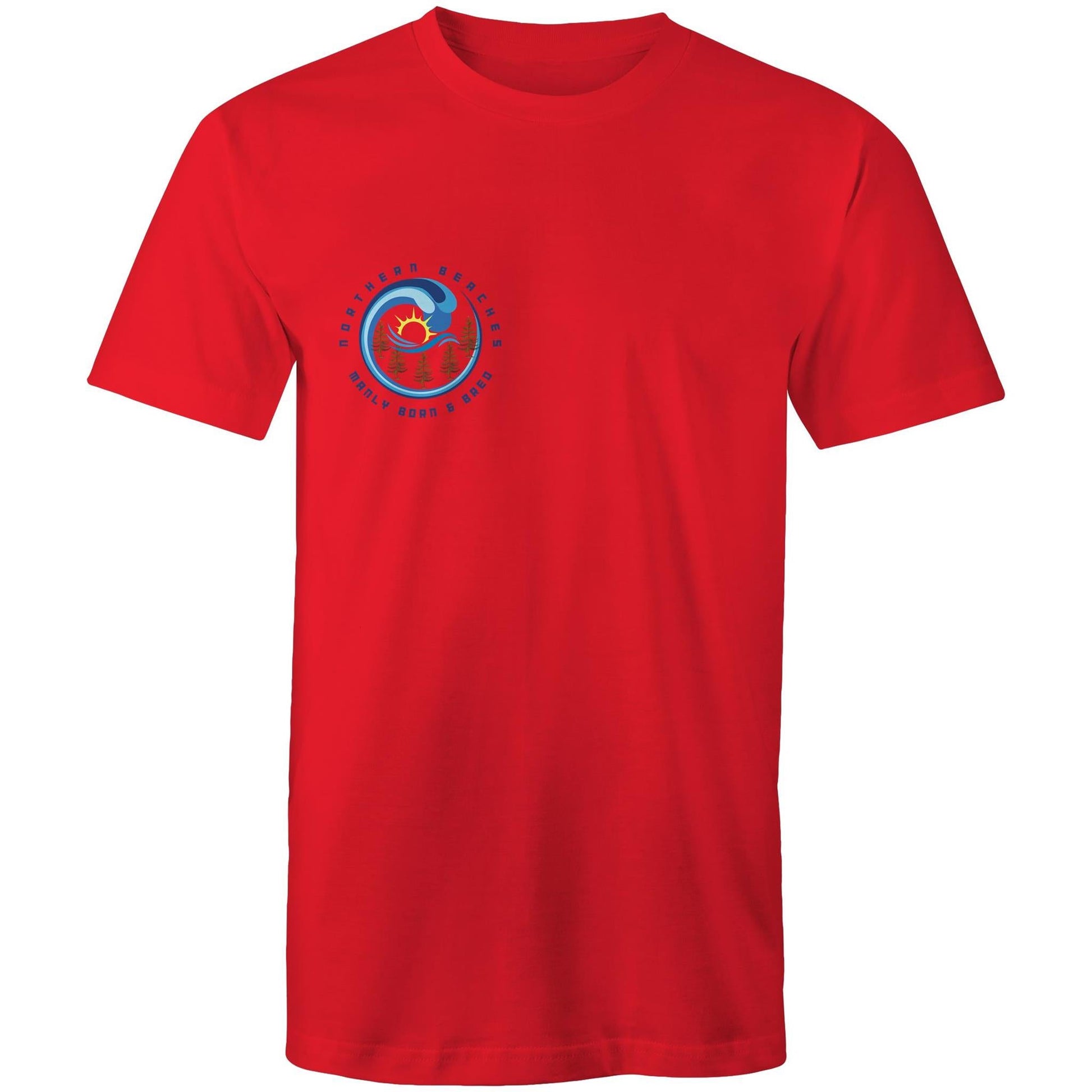 AS Colour Staple - Mens T-Shirt.Northern Beaches Manly Born & Bred pocket logo navy font - Lost Manly Shop