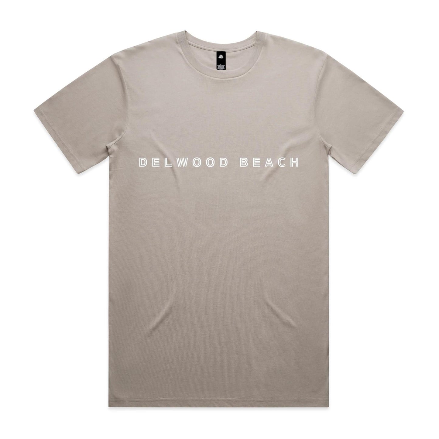 Delwood Beach custom logo printed on AS Colour Staple Tee 