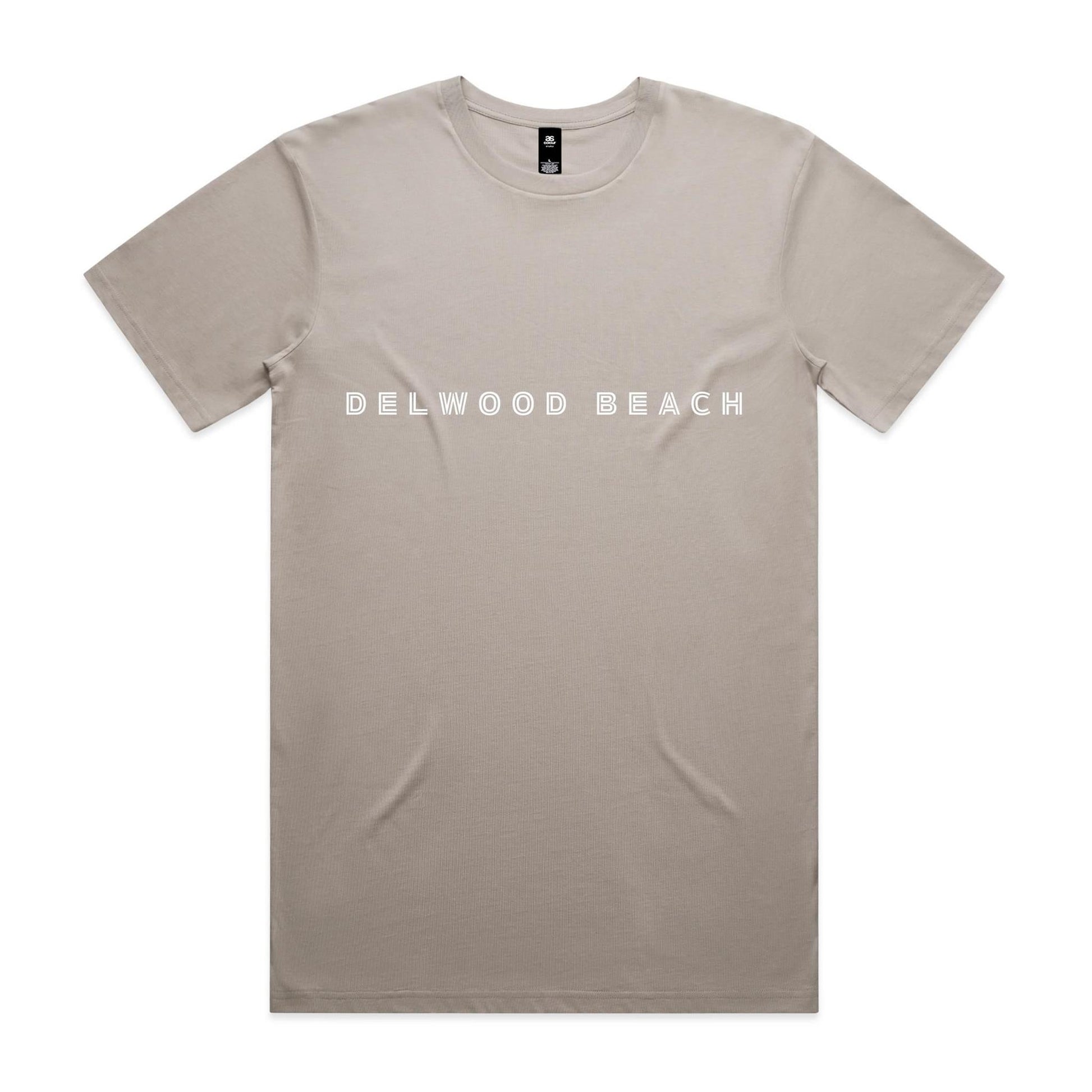 Delwood Beach custom logo printed on AS Colour Staple Tee 