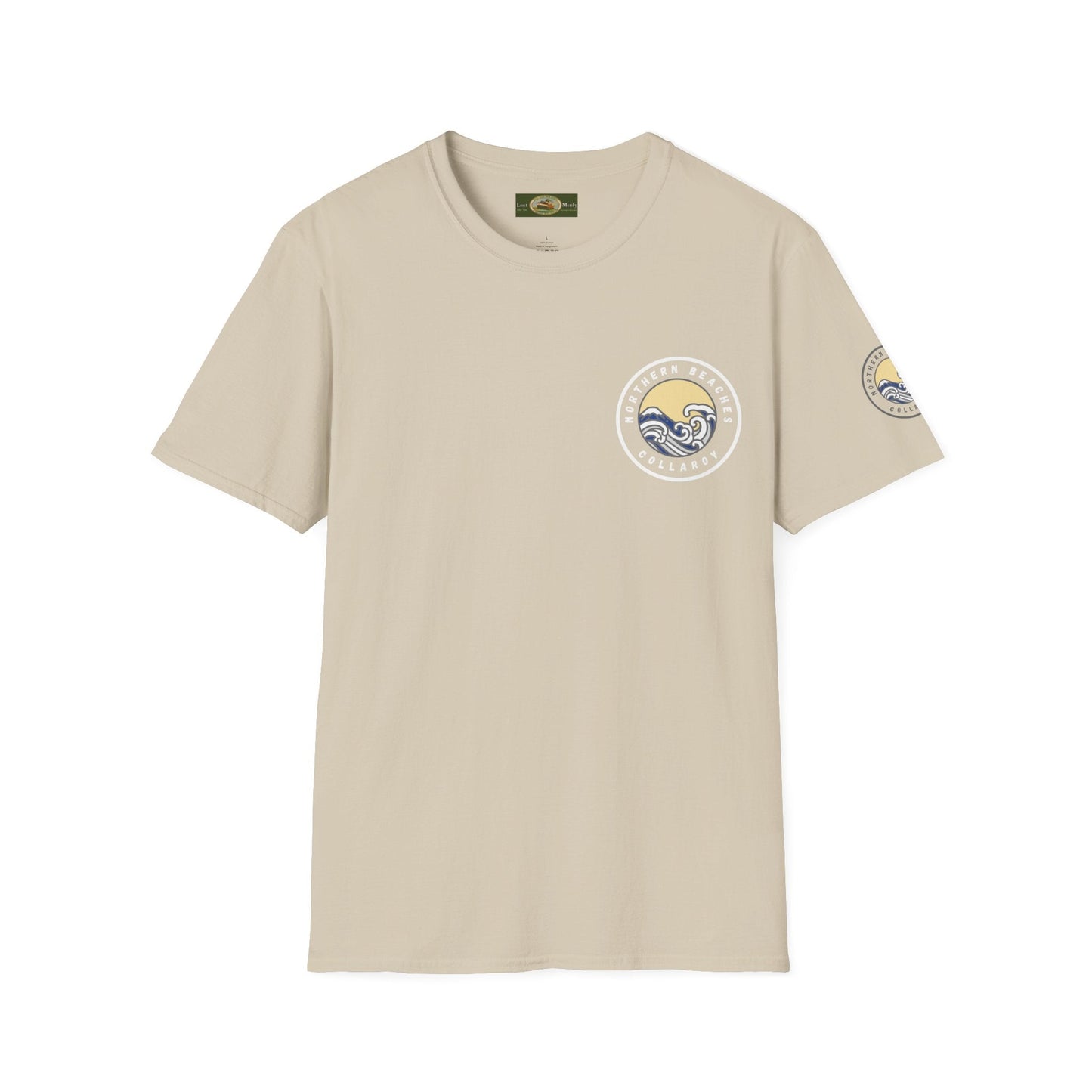 Collaroy custom logo front and sleeve. Lost Manly label. Unisex Soft style T-Shirt Printify