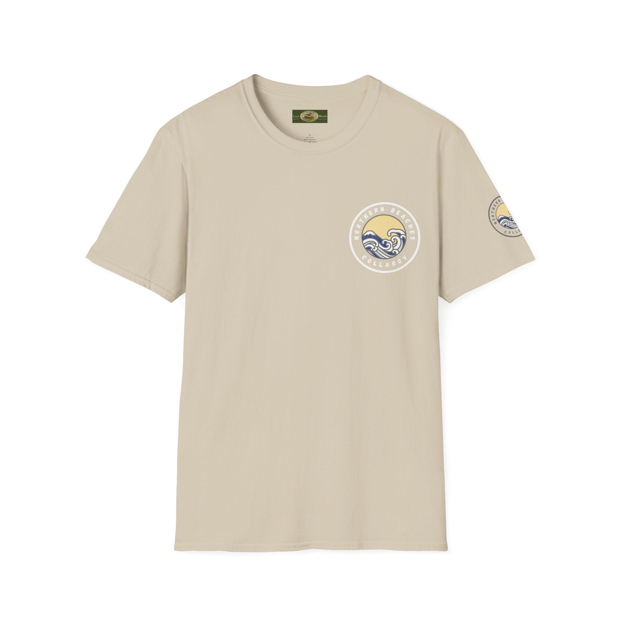 Collaroy custom logo front and sleeve. Lost Manly label. Unisex Soft style T-Shirt Printify
