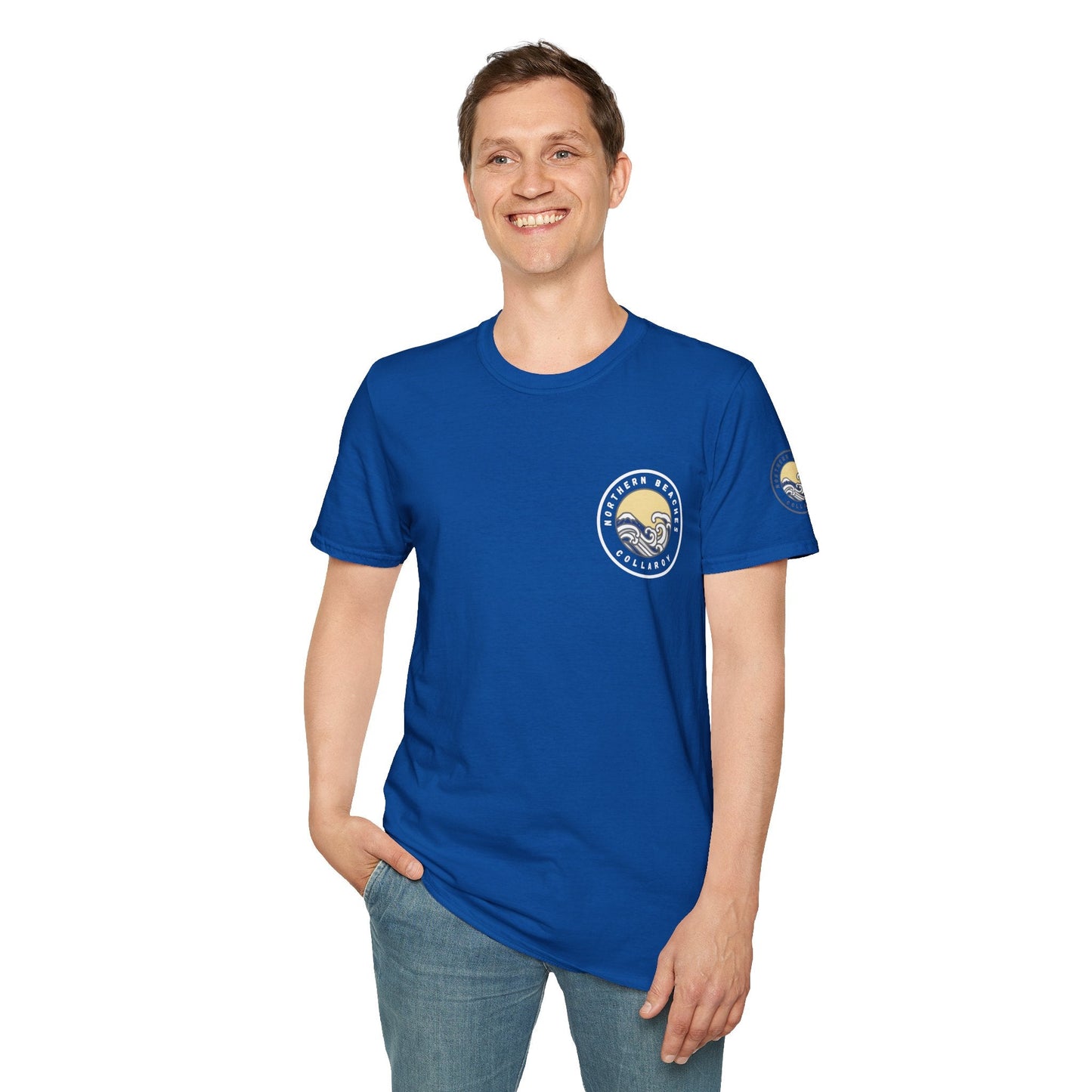 Collaroy custom logo front and sleeve. Lost Manly label. Unisex Soft style T-Shirt Printify