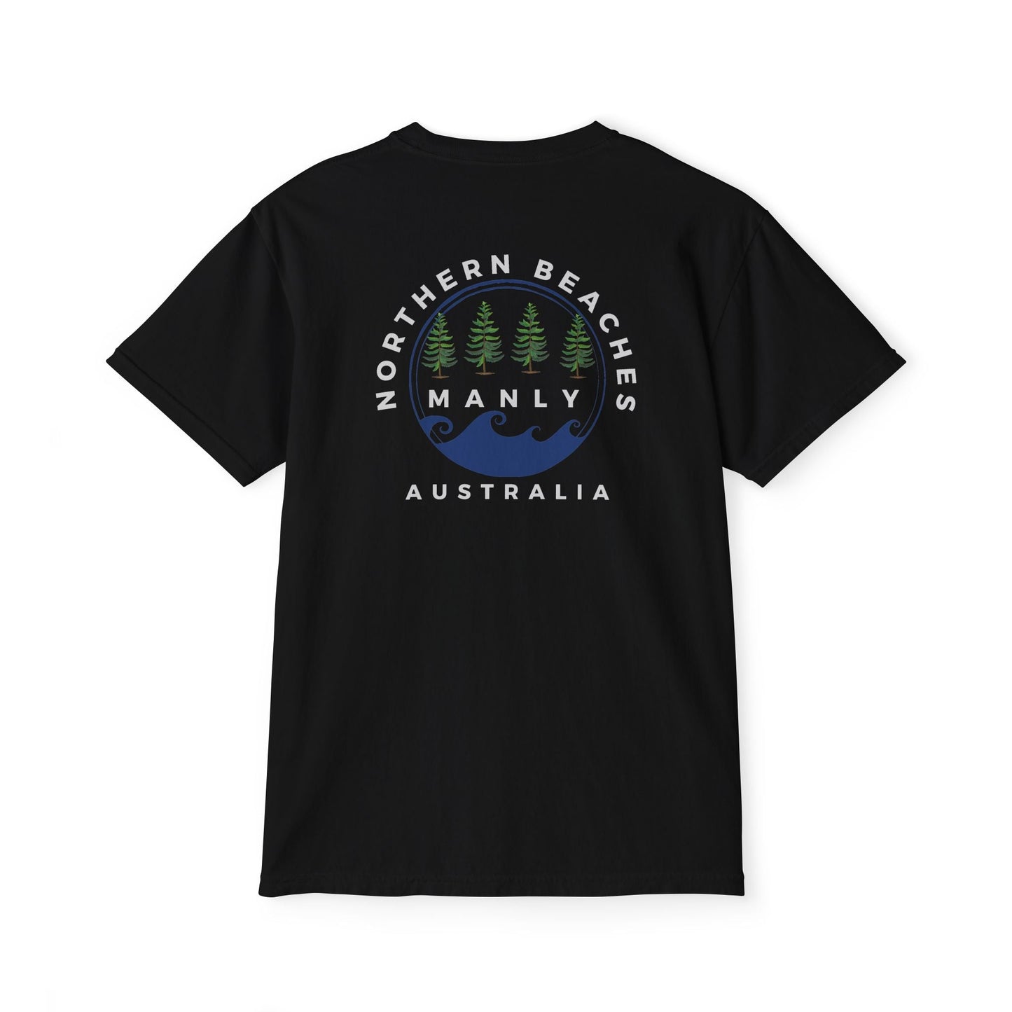 "The Westwood" Northern Beaches custom logo on front and back Pocket T-Shirt - Vintage Style for Beach Lovers