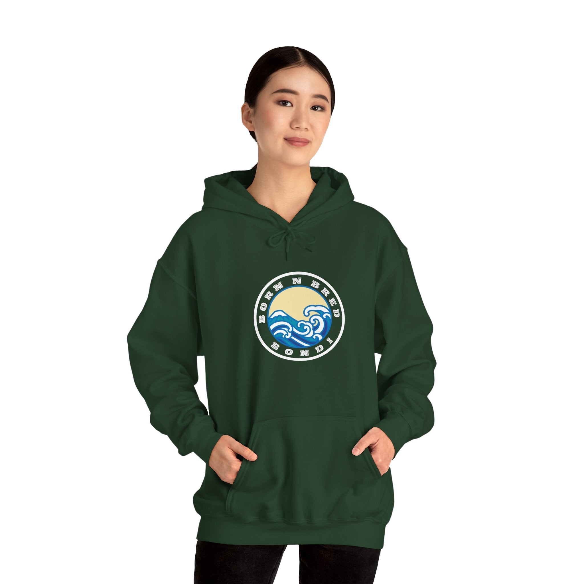Hoodie with free Canva custom design logo front back Bondi bnb/Bilgola 