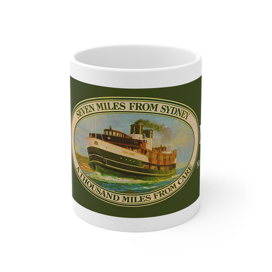 Coffee Mug - LOST MANLY LOGO 'Seven Miles from Sydney' South Steyne Travel Poster from the 1940s - 10 year Anniversary Commemorative Mug - Lost Manly Shop