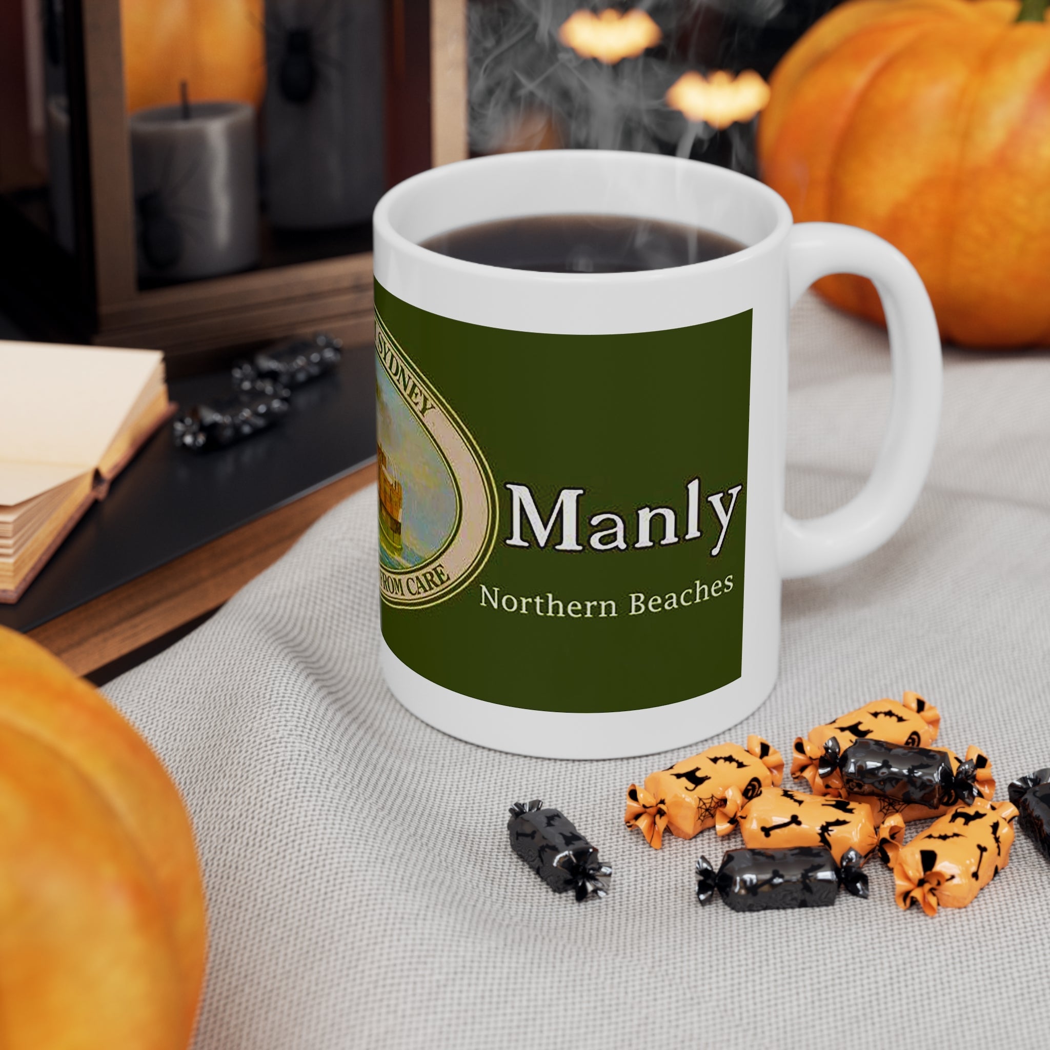 Coffee Mug - LOST MANLY LOGO 'Seven Miles from Sydney' South Steyne Travel Poster from the 1940s - 10 year Anniversary Commemorative Mug Printify
