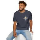 Collaroy custom logo front and sleeve. Lost Manly label. Unisex Soft style T-Shirt Printify