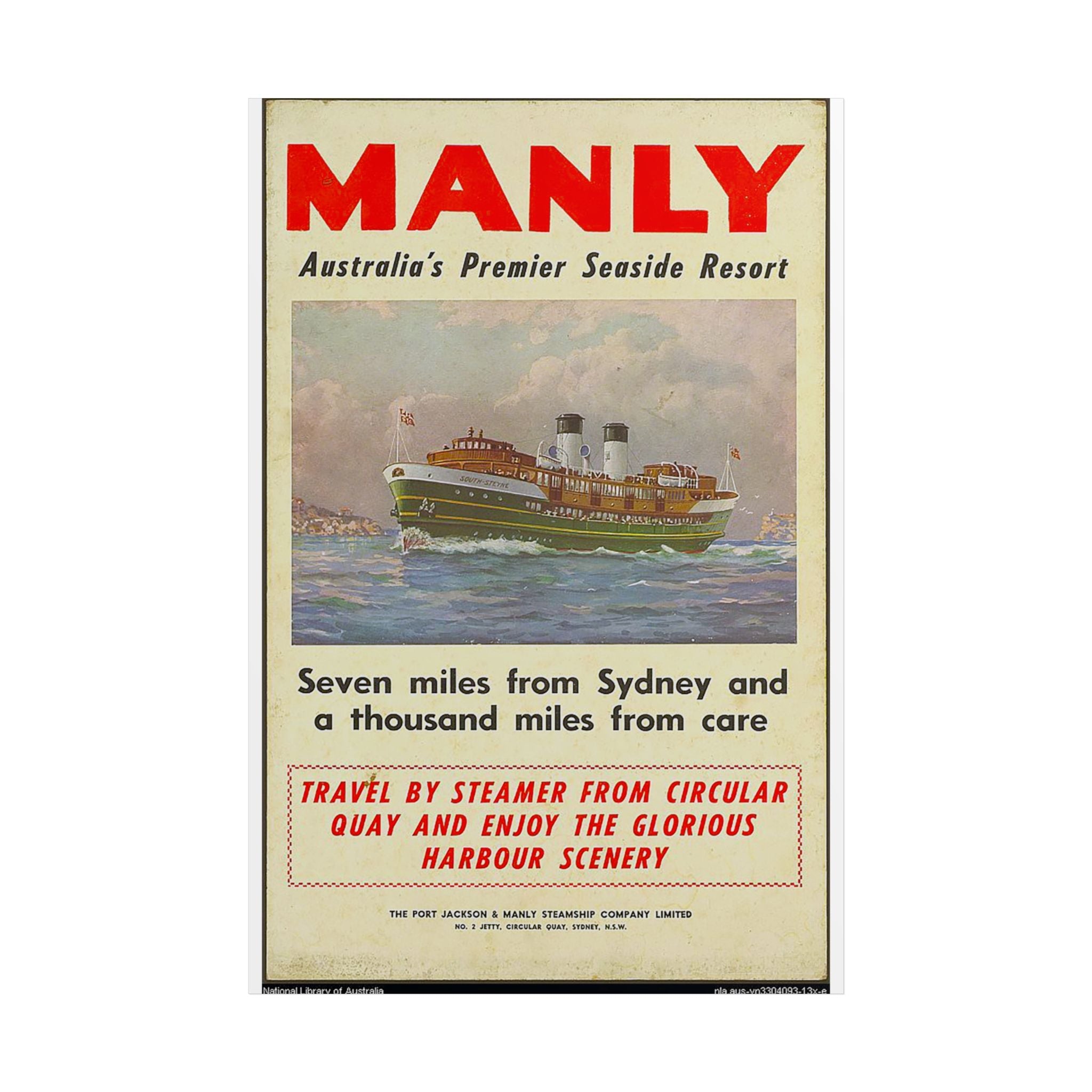 Poster Print - Manly Seven Miles from Sydney a Thousand Miles from Care 1940s Ferry Travel