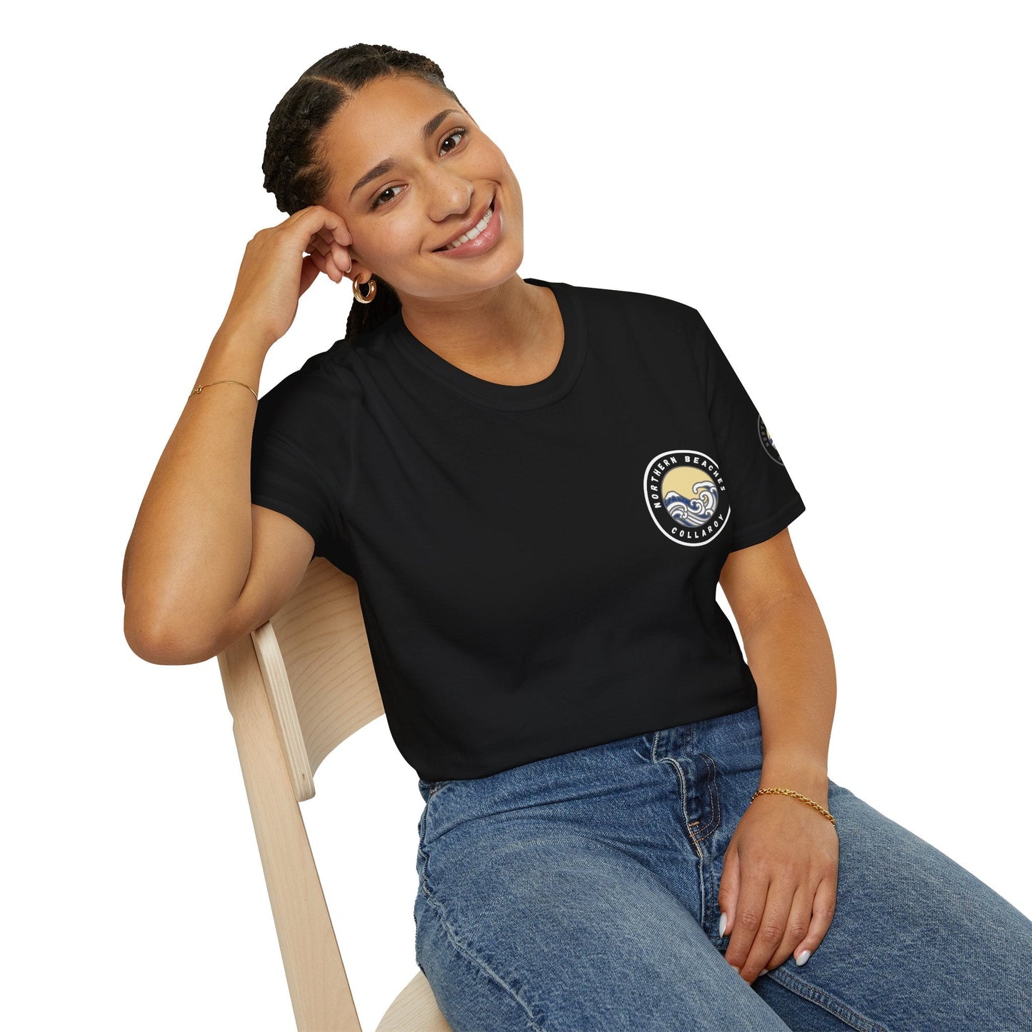 Collaroy custom logo front and sleeve. Lost Manly label. Unisex Soft style T-Shirt Printify