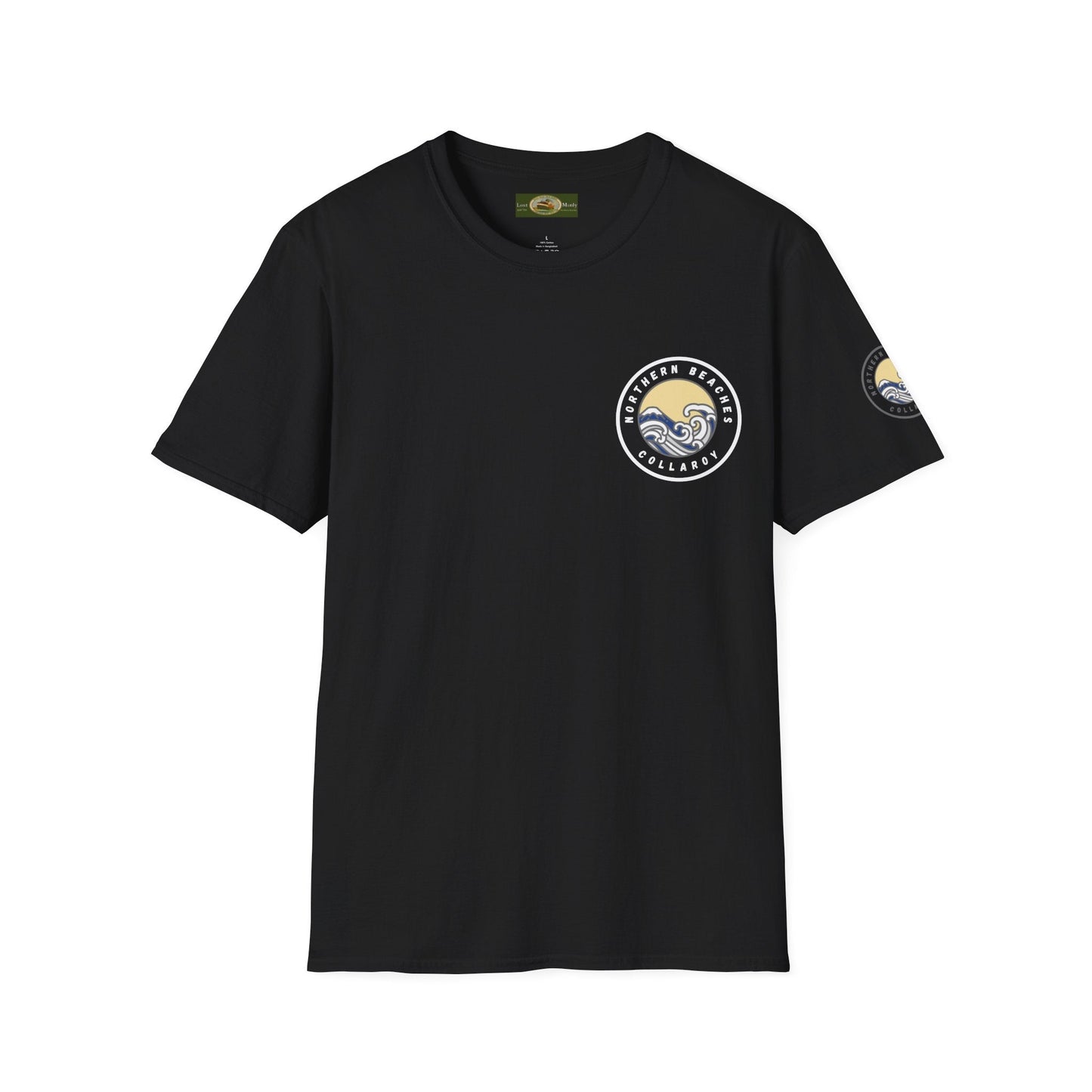 Collaroy custom logo front and sleeve. Lost Manly label. Unisex Soft style T-Shirt Printify
