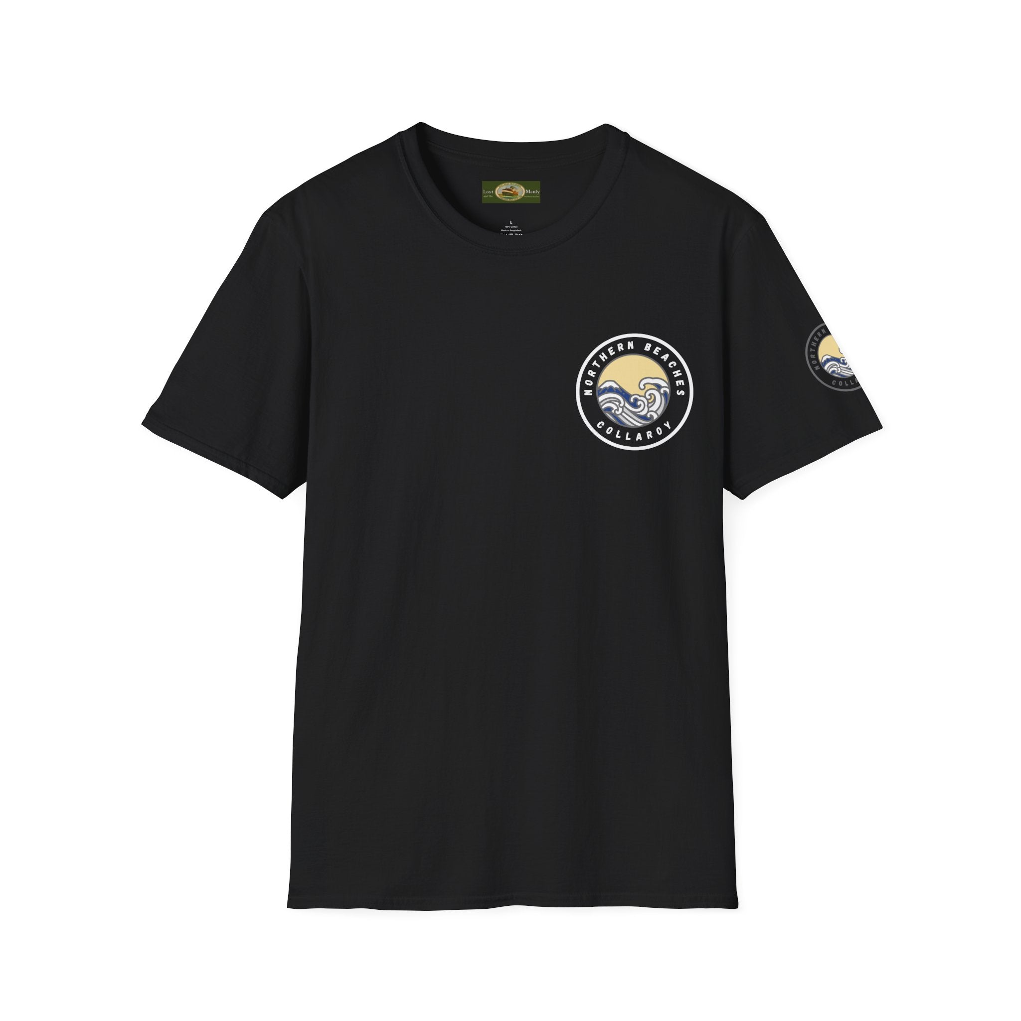 Collaroy custom logo front and sleeve. Lost Manly label. Unisex Soft style T-Shirt Printify