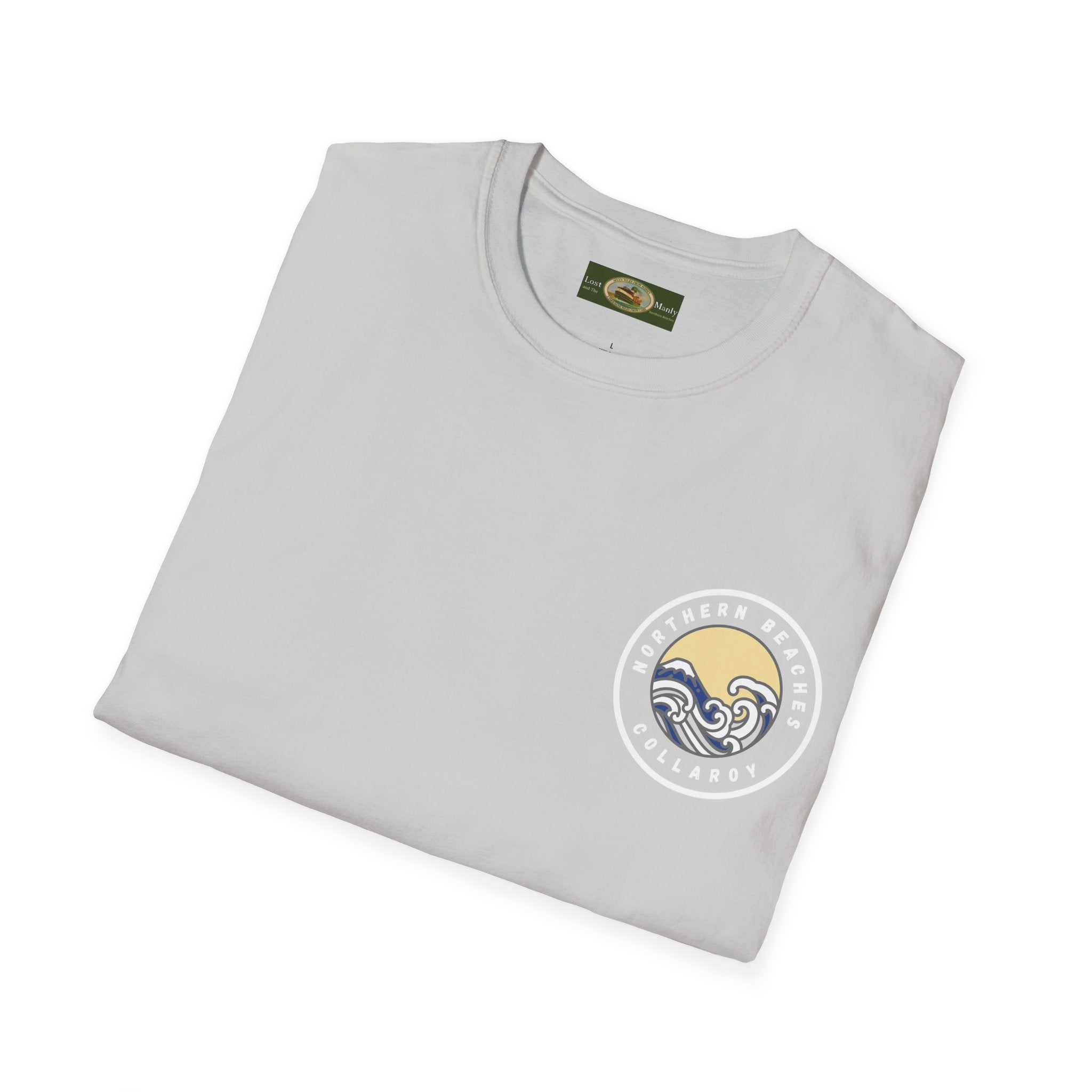 Collaroy custom logo front and sleeve. Lost Manly label. Unisex Soft style T-Shirt Printify
