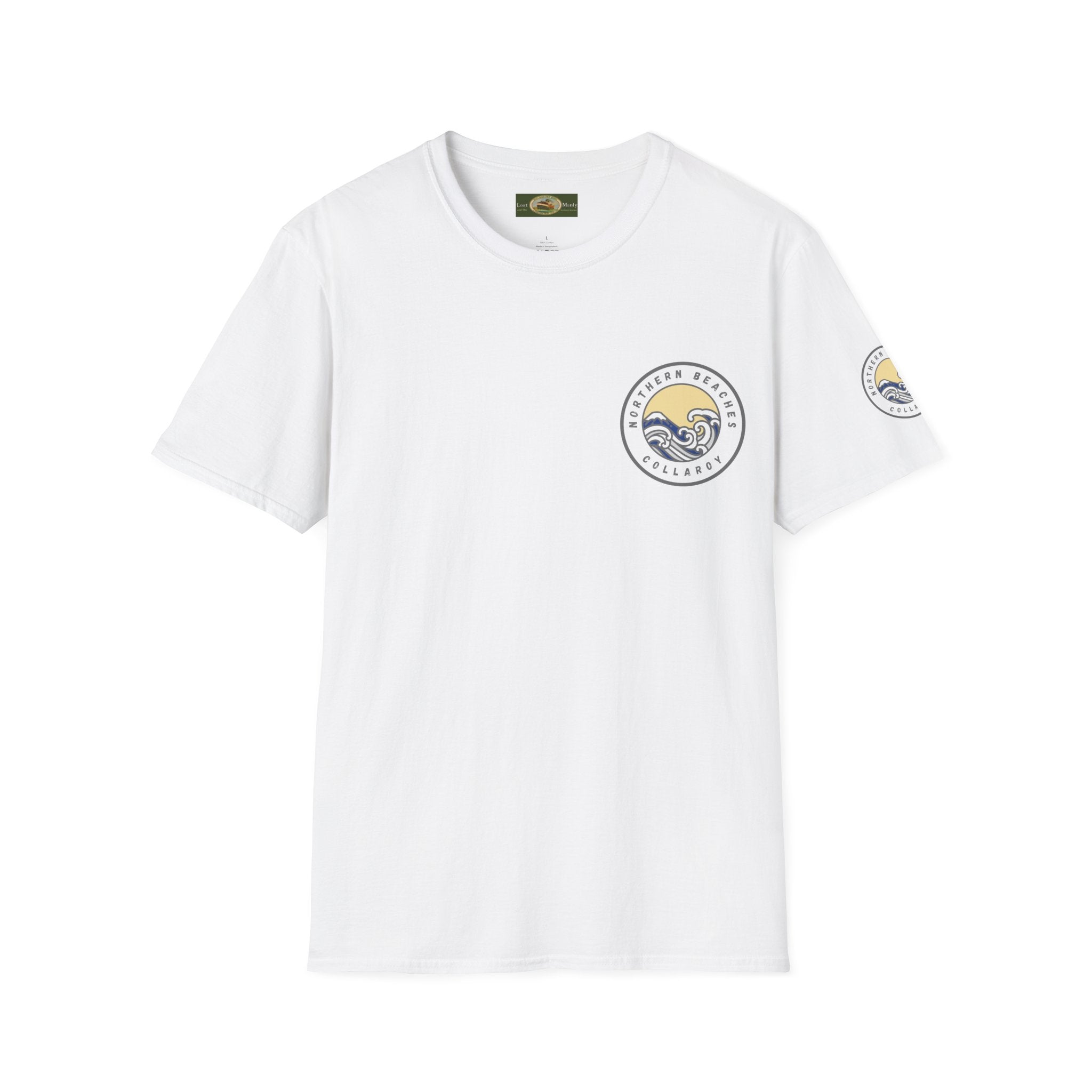Collaroy custom logo front and sleeve. Lost Manly label. Unisex Soft style T-Shirt Printify