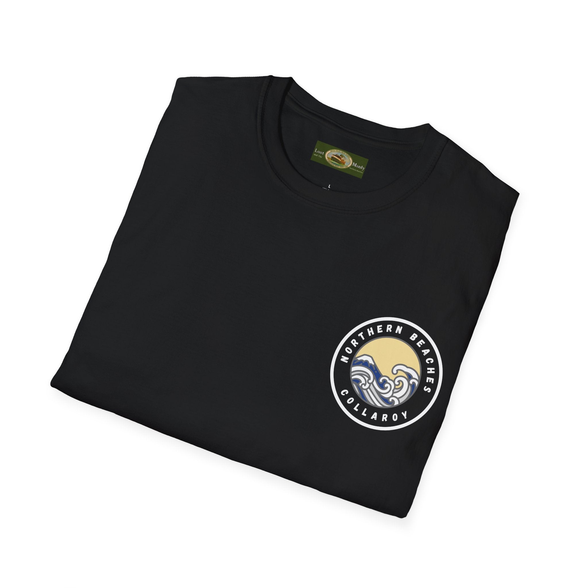 Collaroy custom logo front and sleeve. Lost Manly label. Unisex Soft style T-Shirt Printify
