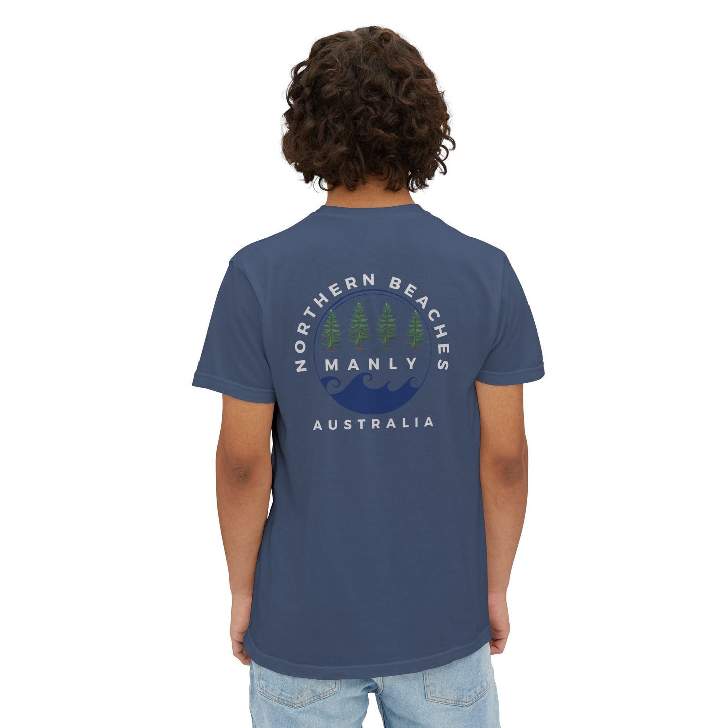 "The Westwood" Northern Beaches custom logo on front and back Pocket T-Shirt - Vintage Style for Beach Lovers