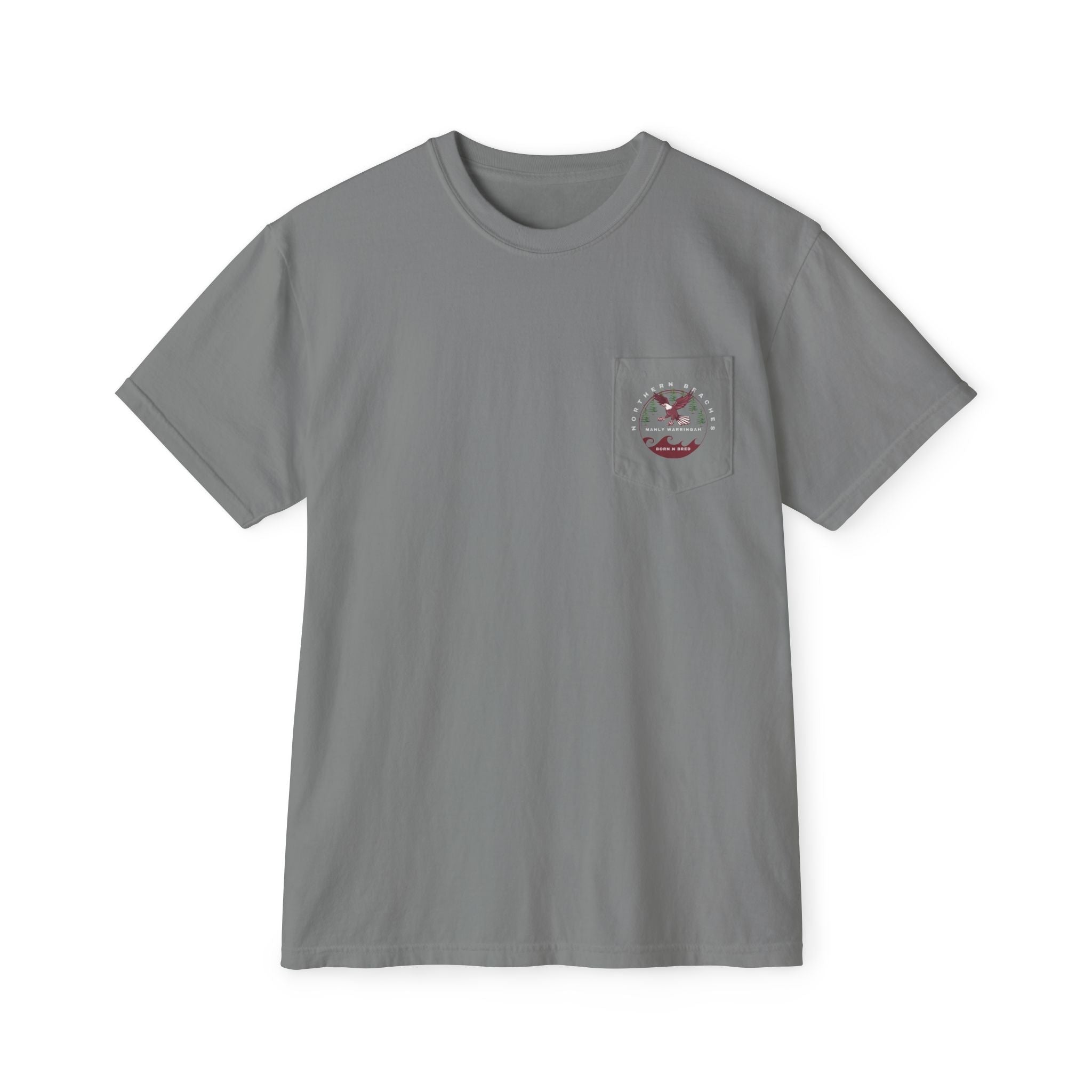 "The Westwood" Northern Beaches custom logo on front and back Pocket T-Shirt - Vintage Style for Beach Lovers Printify